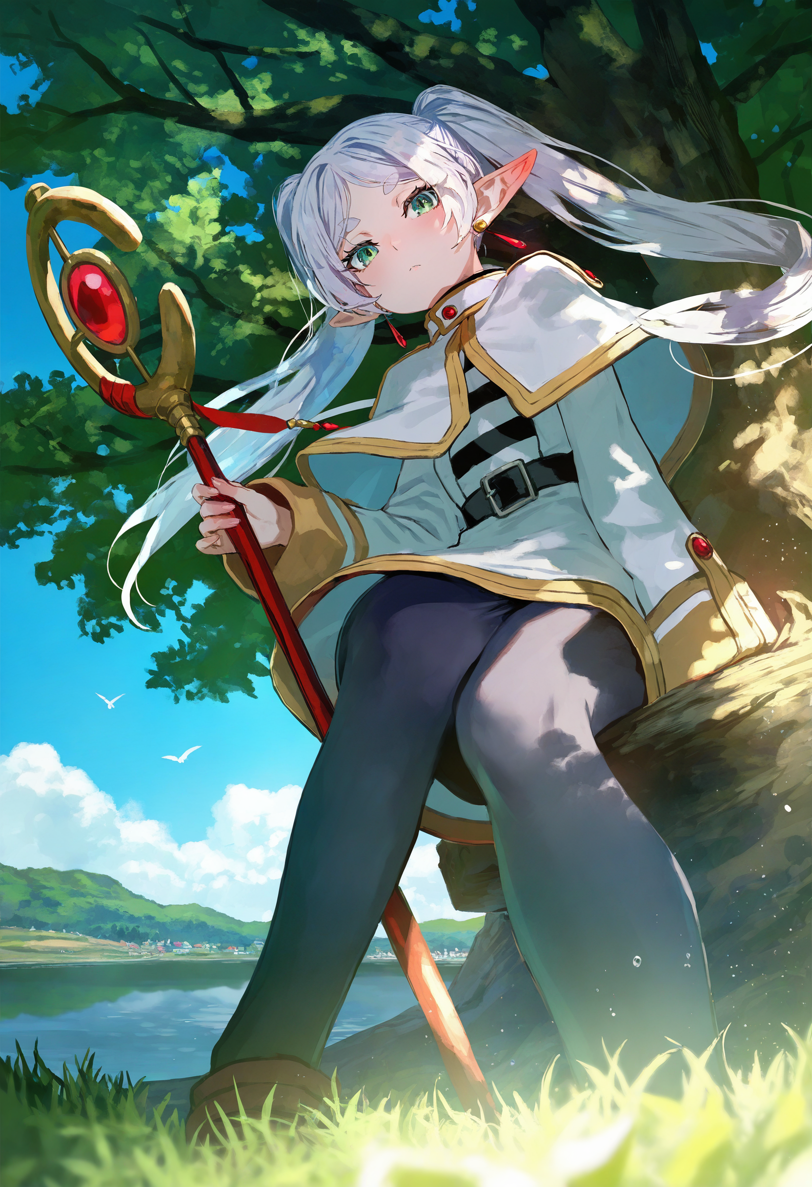 by happoubi jin, by fuzichoco, by lam, by kinta \(distortion\), by lack, by quasarcake,
1girl, frieren, solo, green eyes, staff, outdoors, elf, tree, long hair, holding staff, white capelet, twintails, holding, sky, pointy ears, pantyhose, scenery, close-up, colored eyelashes, tree shade, dappled sunlight, looking at viewer, from below, cryokinesis, lake, water, wet, floating hair, hips in air, 
masterpeice, best quality, very aesthetic, absurdres
<lora:illustrious_noobai_epsilon_pred_11_very_aesthetic_v1:1>
