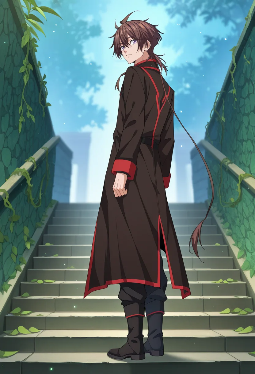 masterpiece, best quality, amazing quality,high resolution,intricate details,official style,depth of field,anime screencap,anime coloring , , , 1boy, solo, male focus,<lora:zhou_yi-fan:0.79>,zhuo-yi fan,brown hair,light purple eyes,long sleeves, standing, full body, outdoors, boots, pants, black footwear, from side, coat, black pants, leaf, plant, light particles,long hair,low pigtail,pigtail,intricate red trim, black coat, stairs,look back, vines
