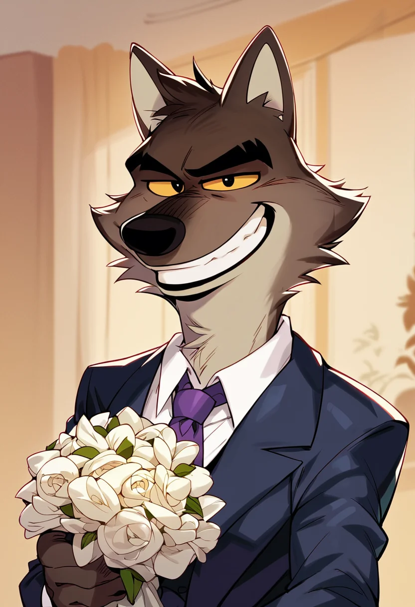 score_9, score_8_up, score_7_up, solo, mr wolf, bg, furry, suit, formal, necktie, upper body, sly grin, seductive, holding bouquet, detailed background, room, looking at viewer, <lora:Mr_Wolf:1>