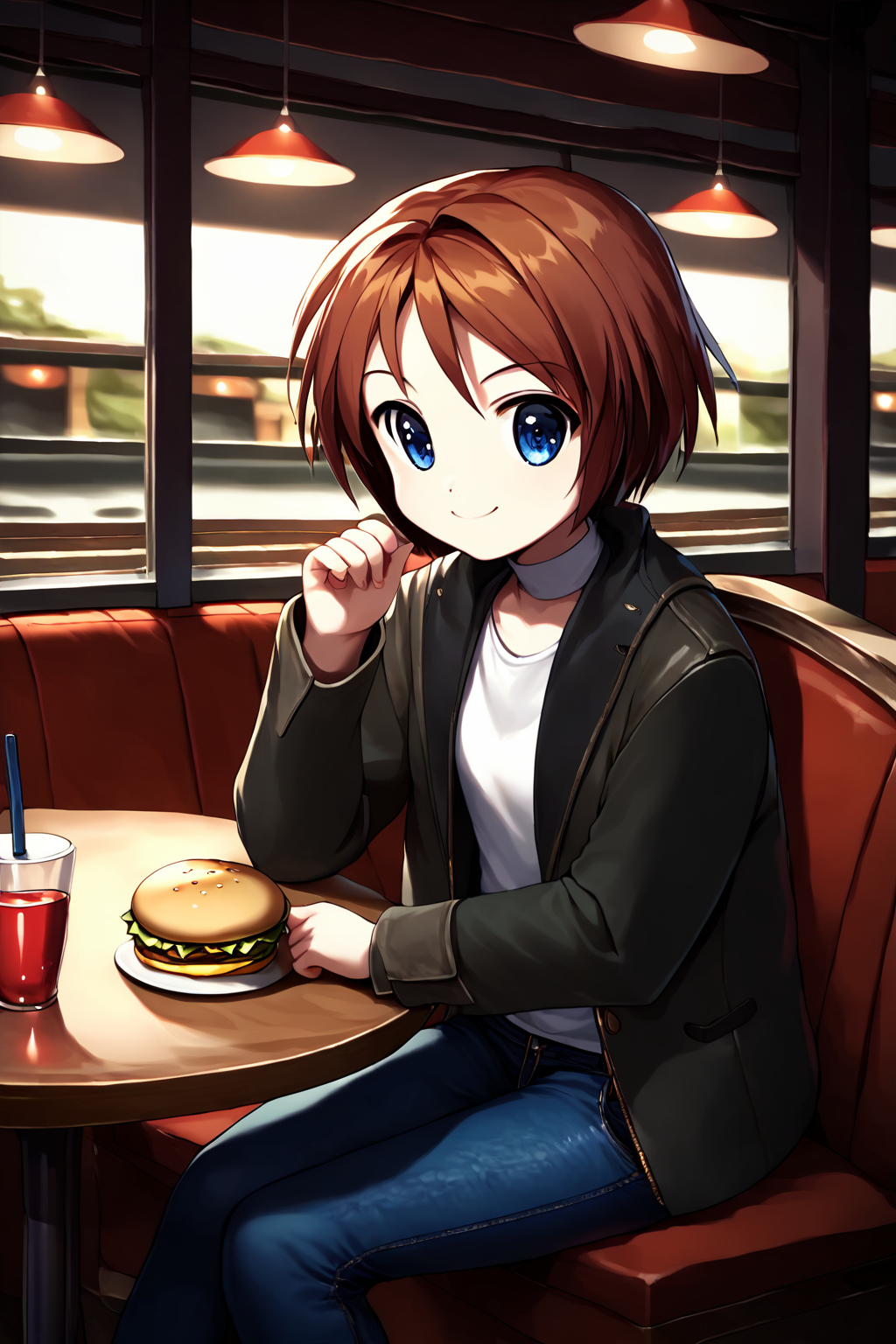 score_9, score_8_up, score_7_up, score_6_up, rating_safe, source_anime, best quality, masterpiece, detailed background, detailed eyes, restaurant, sitting, table, one hamburger, small girl, young girl, short girl, middle schooler, <lora:shiina-mayu-xl-03:1>, shiina mayu, brown jacket with white shirt, jeans, smile, short hair,