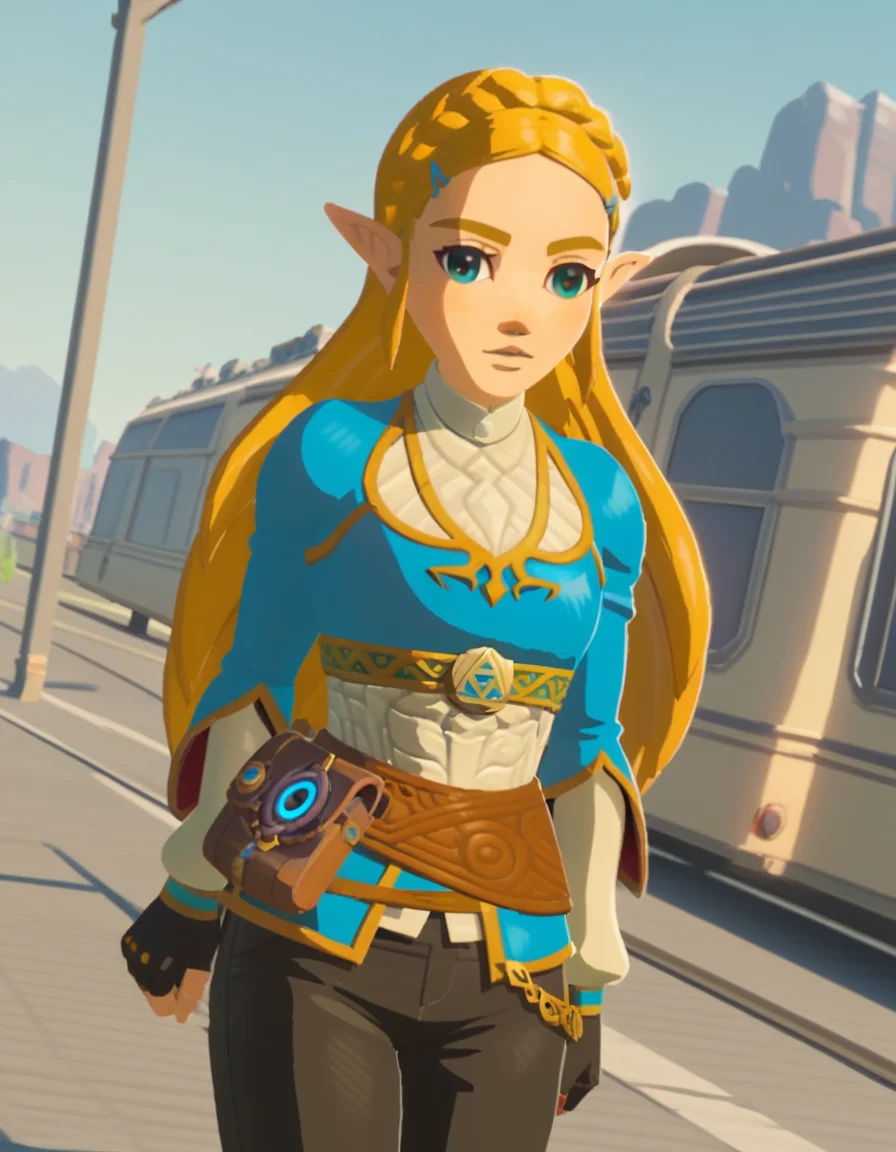 score_9, score_8_up, score_7_up, source_anime, <lora:princess-zelda-breath-of-the-wild-ingame-ponyxl-lora-nochekaiser:1>, princess zelda, long hair, blue eyes, blonde hair, hair ornament, braid, pointy ears, hairclip, 3d, gloves, long sleeves, black gloves, fingerless gloves, blue shirt, pouch, belt, pants, black pants,, train station, waiting for train, suitcase, traveling, commute, city skyline, hands behind back,, , looking at viewer, knee bent, arm across chest, foot on ground, solo,, cowboy shot, dutch angle