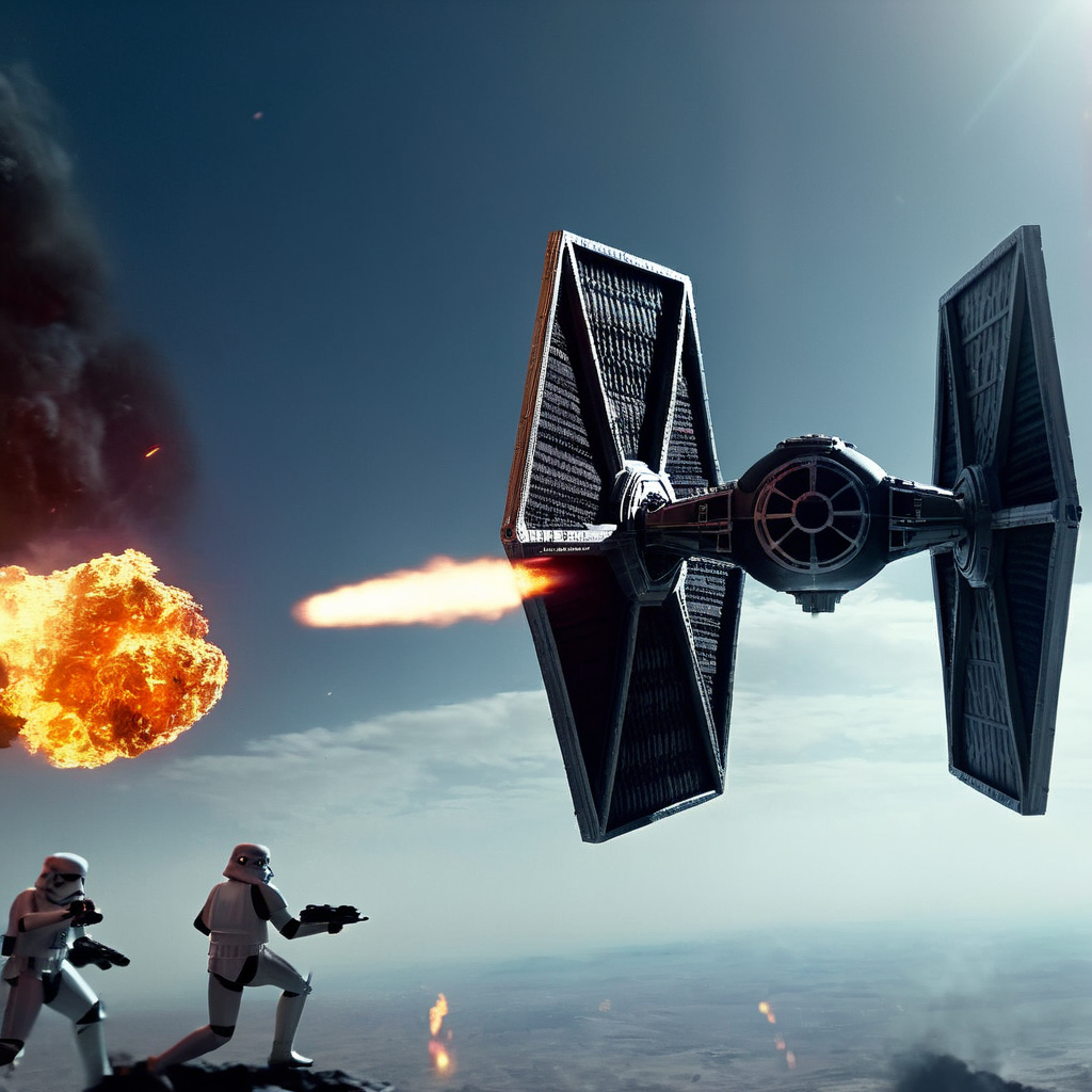 cinematic film still of  <lora:star wars style:1.5>
In star wars universe a rebel alliance man with two guns firing plasma rounds everywhere and a fireball in background  with TIE fighter flying in sky star wars style, shallow depth of field, vignette, highly detailed, high budget, bokeh, cinemascope, moody, epic, gorgeous, film grain, grainy