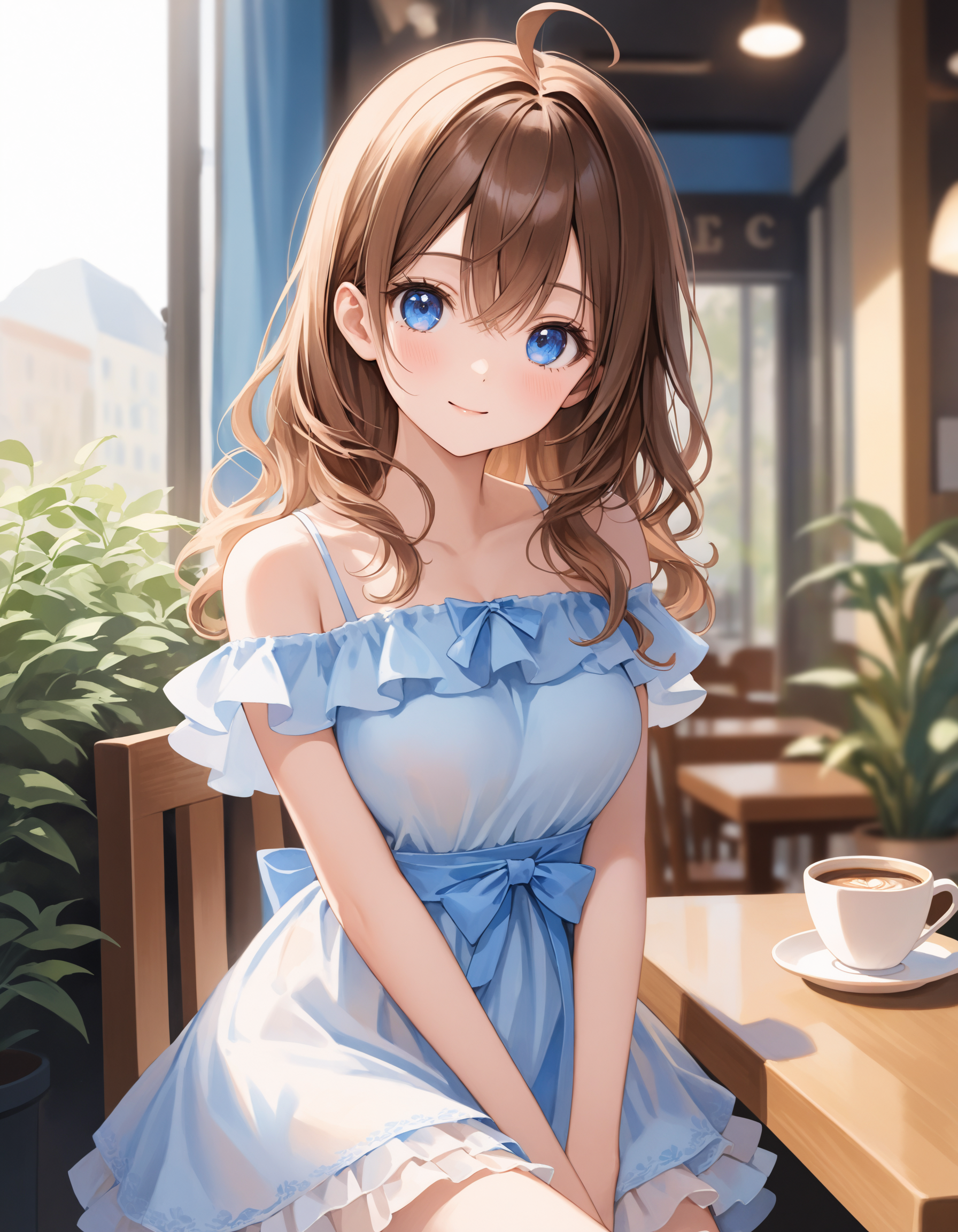 SceneDescription:
  - Composition: Portrait. Shooting from front.
  - Subject: A cute girl.
    - Characteristics:
      - Face: (Cute round face:1.2).
      - Eyes: Detailed blue eyes.
      - Hair: Wavy hair, high side ponytail, brown hair, ahoge and hair between eyes.
      - Body: Detailed slender body. Medium breasts.
      - Clothing: White chiffon a-line dress, flutter short sleeves, layered ruffled skirt and ribbon waist.
      - Expression: Happy expression. Close mouth.
      - Posing: Sitting on the chair. Head tilt. Looking at viewer.
  - Background: Inside fashionable cute cafe.
    - Elements: A cofee cup on the table. Decorative plants. Street view from window.
Time: Daytime.
Lighting: (Natural lighting:1.4).
ArtStyle: Watercolor. Traditional media. Blurry. Pale pastel colors.
Quality: Intricate details. Extremely detailed. Outstanding intricacies. (Masterpiece:1.2). (Best quality:1.2). (Absurdres absolutely resolution:1.4).
Mood: Pastel atmosphere.