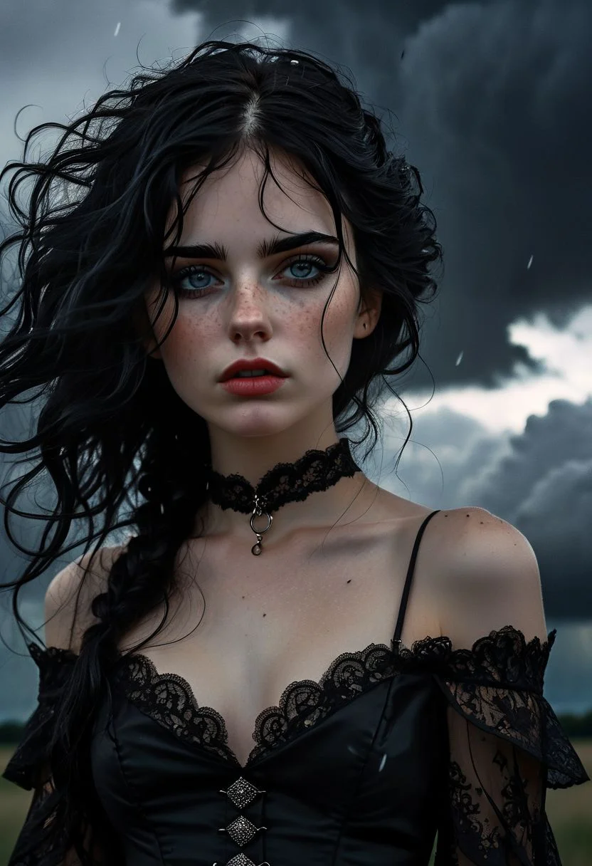 portrait of a gothic girl, wearing black, dark dreams, black hair, alluring, seductive, storm clouds, whimsical charm, ethereal glow, freckles, tack sharp focus on eyes, one arm behind head Masterpiece, intricate lines, intriguing atmosphere, sharp magnificent details, delicate features, elaborate details, (2\3 rule composition:0.6)