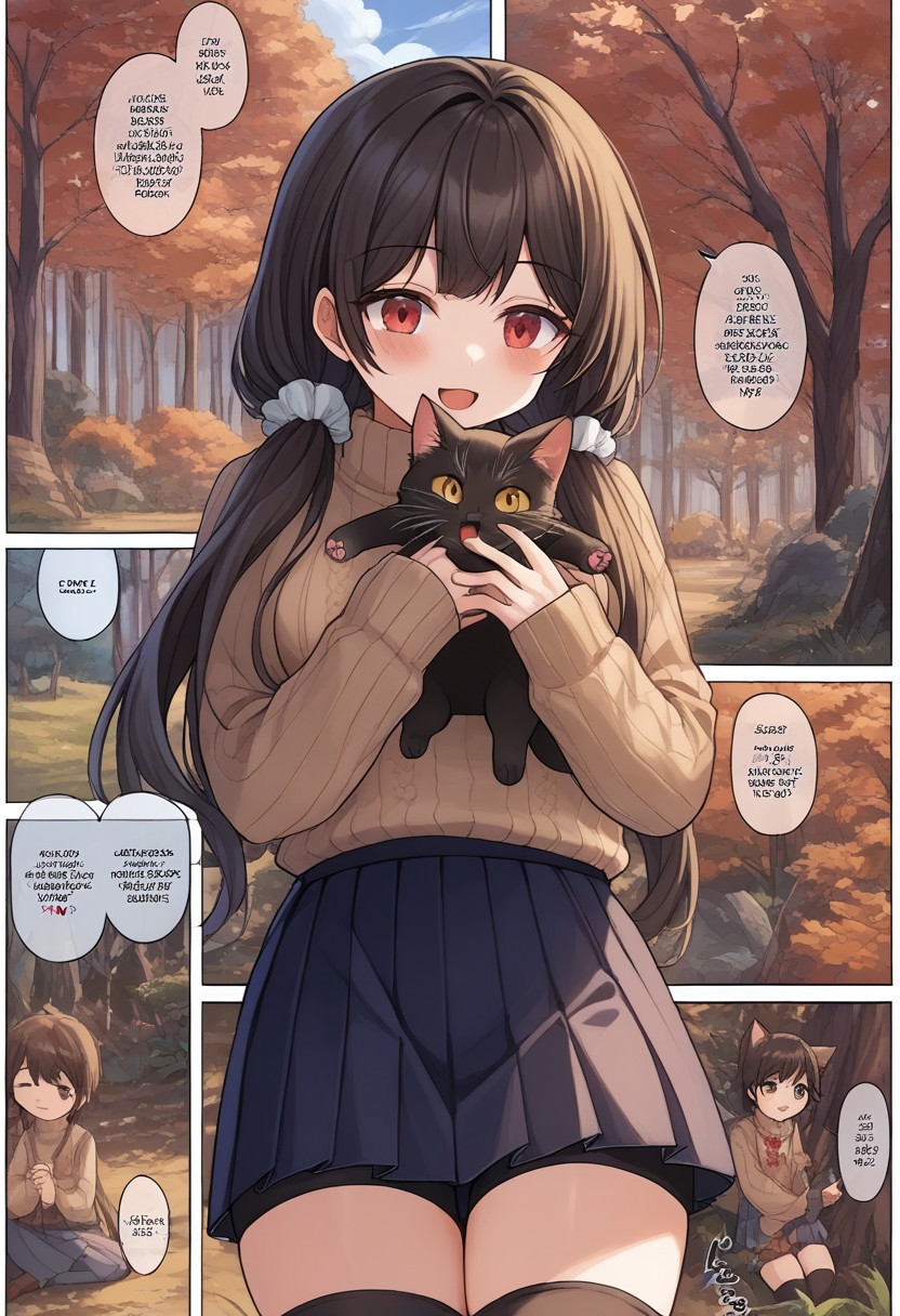 score_9, score_8_up, score_7_up, source_anime, BREAK
<lora:FComic_1to1000_Pony_V1:1>fcomic_1to1000_pony, (comic:1.25),
(Multi view, Frame, Text, speech bubble, frame, heart, trembling, focus line, vibrating line, comic expression, Sound effect)
1girl, cat, cute cat, cats, fluffy, cute, neko, kawaii, cuddling with cat, holding cat, joy, happy, animal, cute animal, woods, summer camp, trees, joy, happy, 
1girl,jelorodef,solo,(black hair:1.8),streaked hair,hair scrunchie,low twintails,red eyes,heterochromia,yellow eyes,turtleneck sweater,sleeveless,off shoulder,pleated skirt,bike shorts under skirt,thighhighs,<lora:Ro635-JeloXL-000007:1>,
,<lora:Everlasting_Summer_Vanilla_Backgrounds_by_GraffMetal:0.7>, <lora:Everlasting_Summer_Vanilla_Art_Style_by_GraffMetal:0.7>