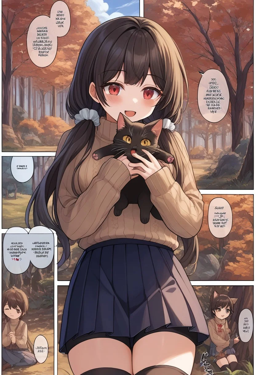 score_9, score_8_up, score_7_up, source_anime, BREAK
<lora:FComic_1to1000_Pony_V1:1>fcomic_1to1000_pony, (comic:1.25),
(Multi view, Frame, Text, speech bubble, frame, heart, trembling, focus line, vibrating line, comic expression, Sound effect)
1girl, cat, cute cat, cats, fluffy, cute, neko, kawaii, cuddling with cat, holding cat, joy, happy, animal, cute animal, woods, summer camp, trees, joy, happy,
1girl,jelorodef,solo,(black hair:1.8),streaked hair,hair scrunchie,low twintails,red eyes,heterochromia,yellow eyes,turtleneck sweater,sleeveless,off shoulder,pleated skirt,bike shorts under skirt,thighhighs,<lora:Ro635-JeloXL-000007:1>,
,<lora:Everlasting_Summer_Vanilla_Backgrounds_by_GraffMetal:0.7>, <lora:Everlasting_Summer_Vanilla_Art_Style_by_GraffMetal:0.7>