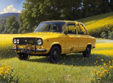 realistic photo of a lada, on (yellow field:1.2), (bees:1.2), by Jeremy Lipking, by William Bouguereau, (by Alphonse Mucha:0.5), sabudenego, jeremy lipking, masterpiece