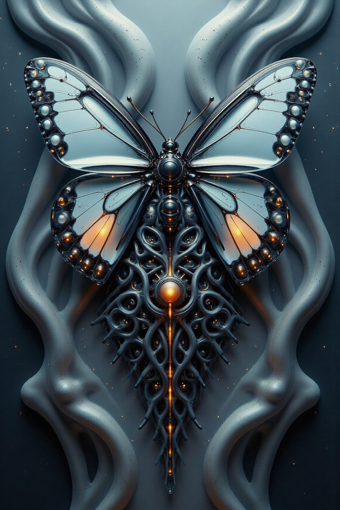 YFG-Ge0m, A hyper-detailed, biomechanical butterfly with wings that appear almost porcelain-like, transitioning from a pure, ghostly light blue at the center to inky black at the tips, adorned with fine, orange veins that glow faintly. The insectâs thorax and lower body morph into an intricate mass of elongated, sinewy tendrils resembling neural pathways or delicate roots, cascading downward into an abyss of darkness. The background consists of an ethereal, almost liquid expanse of swirling dark blue and gray textures, resembling flowing marble or organic tissue, infused with an enigmatic, glowing energy. The butterfly exudes an eerie yet mesmerizing presence, as if it is a celestial being suspended between worlds, both fragile and powerful in its surreal elegance.