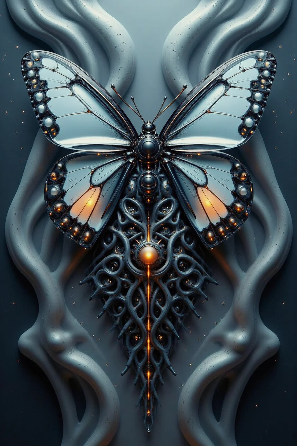 YFG-Ge0m, A hyper-detailed, biomechanical butterfly with wings that appear almost porcelain-like, transitioning from a pure, ghostly light blue at the center to inky black at the tips, adorned with fine, orange veins that glow faintly. The insectâs thorax and lower body morph into an intricate mass of elongated, sinewy tendrils resembling neural pathways or delicate roots, cascading downward into an abyss of darkness. The background consists of an ethereal, almost liquid expanse of swirling dark blue and gray textures, resembling flowing marble or organic tissue, infused with an enigmatic, glowing energy. The butterfly exudes an eerie yet mesmerizing presence, as if it is a celestial being suspended between worlds, both fragile and powerful in its surreal elegance.