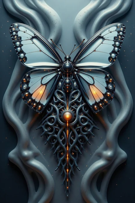YFG-Ge0m, A hyper-detailed, biomechanical butterfly with wings that appear almost porcelain-like, transitioning from a pure, ghostly light blue at the center to inky black at the tips, adorned with fine, orange veins that glow faintly. The insectâs thorax and lower body morph into an intricate mass of elongated, sinewy tendrils resembling neural pathways or delicate roots, cascading downward into an abyss of darkness. The background consists of an ethereal, almost liquid expanse of swirling dark blue and gray textures, resembling flowing marble or organic tissue, infused with an enigmatic, glowing energy. The butterfly exudes an eerie yet mesmerizing presence, as if it is a celestial being suspended between worlds, both fragile and powerful in its surreal elegance.