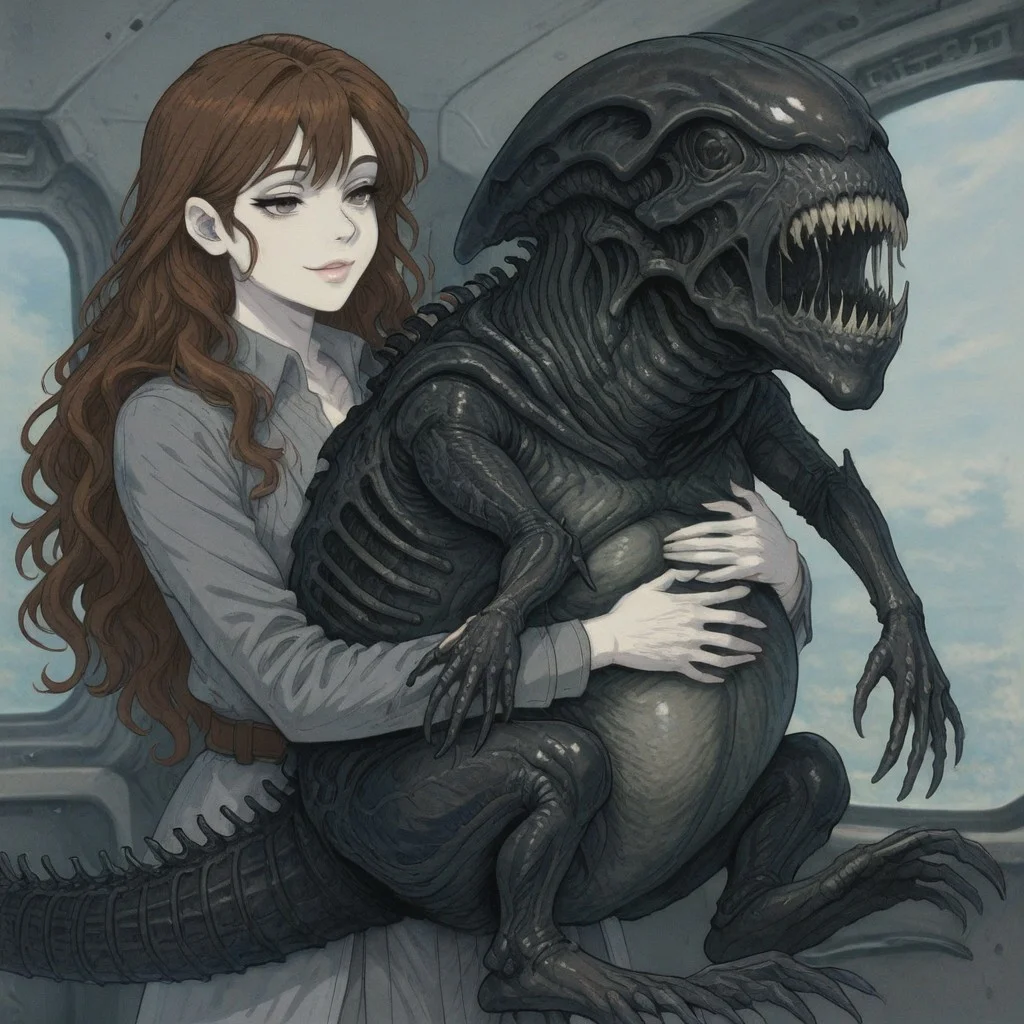masterpiece, best quality, newest, absurdres, highres, CWKIV1.0, 1girl, ellen ripley,
grey Workwear, spacecraft, pale skin, brown hair, (curly hair,:0.5), shoulder-length hair,
monster, hug, oversized animal, xenomorph, hugging xenomorph, hugging pet, oversized alien, batrachian monstrocity,