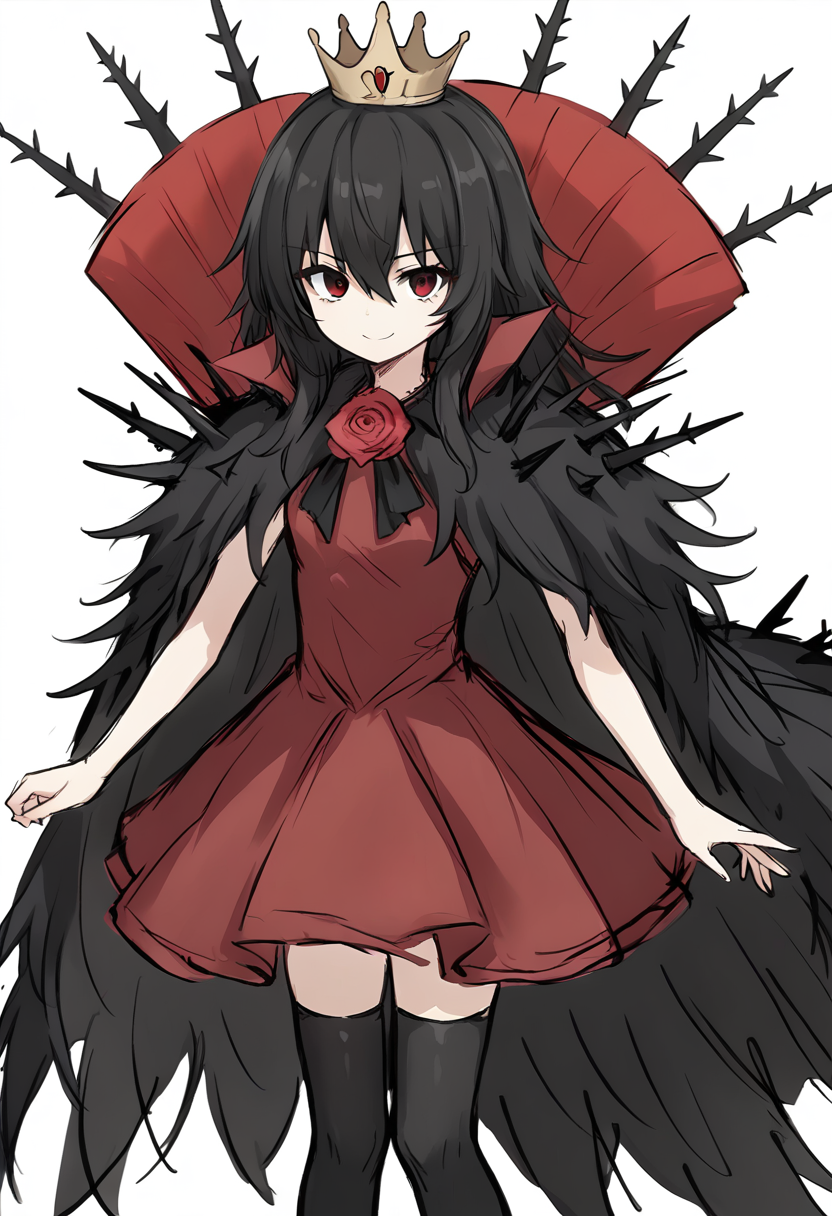 score_9, score_8_up, score_7_up, source_anime, <lora:Lorina bs2 xl pony:0.7>,  LorinaBS2, 1girl, solo, black hair, crown, dress, thighhighs, rose, flower, long hair, white background, red dress, simple background, looking at viewer, smile, cape, red flower, black thighhighs, red rose, fur cape, black eyes, thorns, sketch, hair between eyes, bow, zettai ryouiki, red eyes