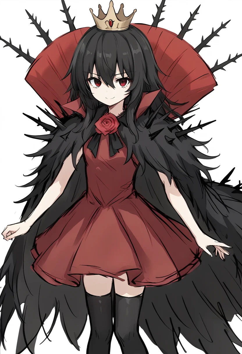 score_9, score_8_up, score_7_up, source_anime, <lora:Lorina bs2 xl pony:0.7>, LorinaBS2, 1girl, solo, black hair, crown, dress, thighhighs, rose, flower, long hair, white background, red dress, simple background, looking at viewer, smile, cape, red flower, black thighhighs, red rose, fur cape, black eyes, thorns, sketch, hair between eyes, bow, zettai ryouiki, red eyes
