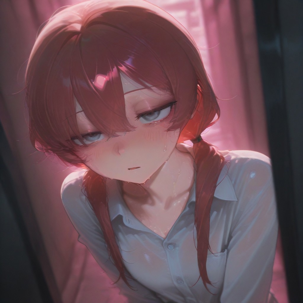 1girl, solo, emotionless, tear, sweat, shameful, blush, masterpiece, opened mouth, sleepy, best quality, pigtail hair, white dress shirt, red hair