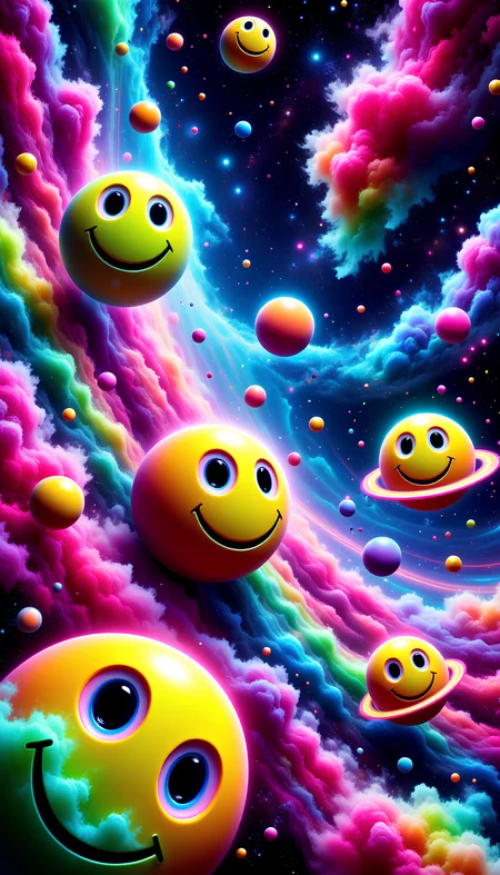 A vast, surreal universe in the PsyDreamer style, filled with swirling galaxies, vibrant nebulas, and colorful cosmic clouds. Among the stars, planets float, each one resembling a classic smiley face with a trippy twist. The smileys have large, round, hypnotic eyes that spiral inward, pulling the viewer into a mesmerizing gaze. Their faces are painted in vivid neon colors like bright yellow, hot pink, and glowing green, with expressions that are playful yet entrancing. The planets are surrounded by soft, pulsating auras that radiate psychedelic patterns, adding to the dreamlike, otherworldly vibe. The entire scene is alive with rainbow light trails, creating a captivating, trippy universe that perfectly embodies the PsyDreamer style. aidmaimageupgrader