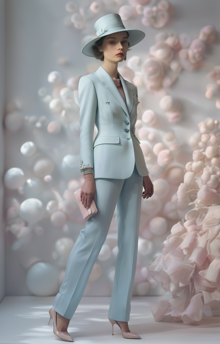 masterpiece,best quality,<lora:tbh322-sdxl:0.9>,illustration,style of Christian Dior Dior's modern take on feminine tailoring, pastel power suit, minimalist luxury, corporate fashion