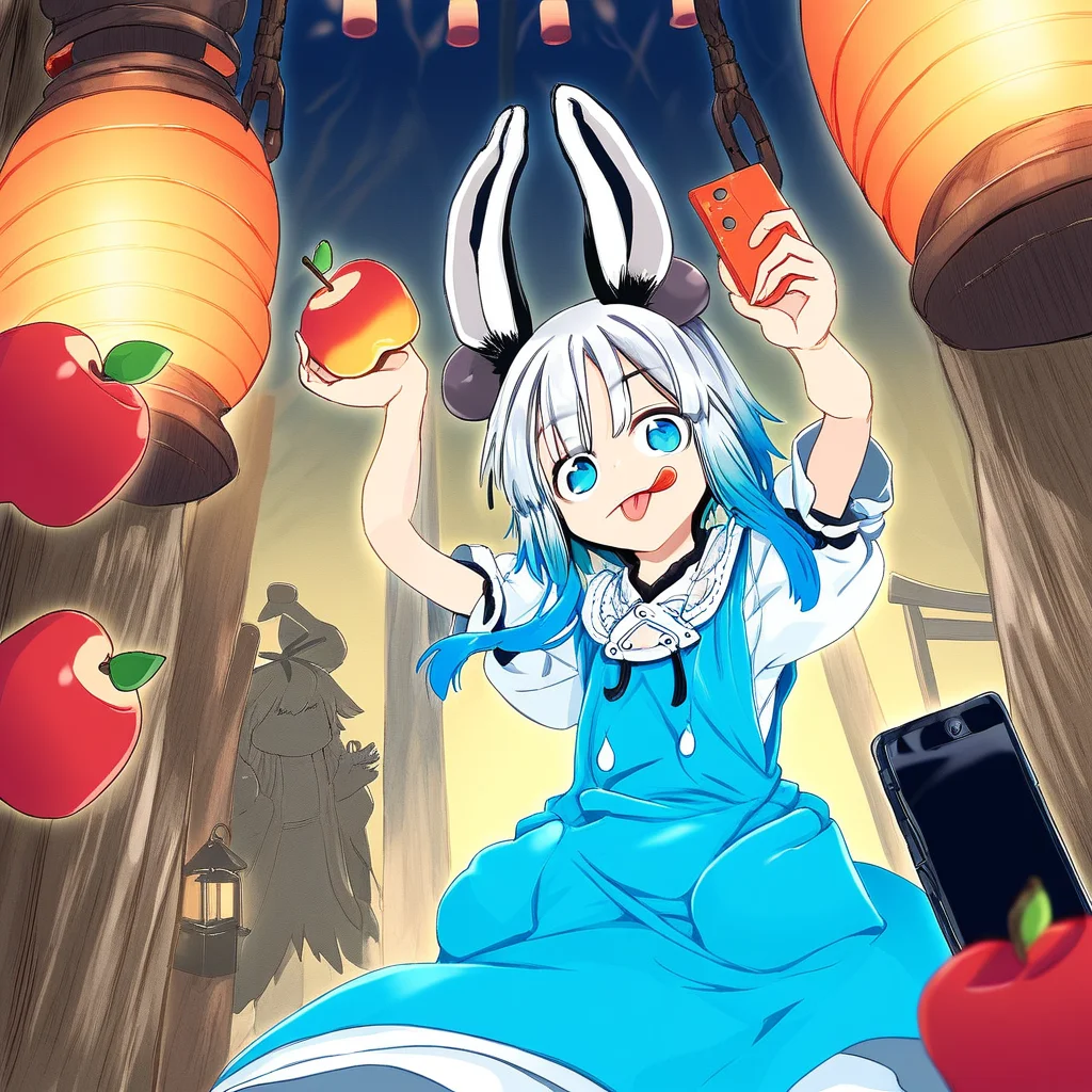 white dress, wide sleeves, tongue out, apple, puffy short sleeves, multicolored hair, animal ears, wagashi, phone, bangs, instrument, blue dress, arms up, gradient hair, hands in pockets, lantern, mochi