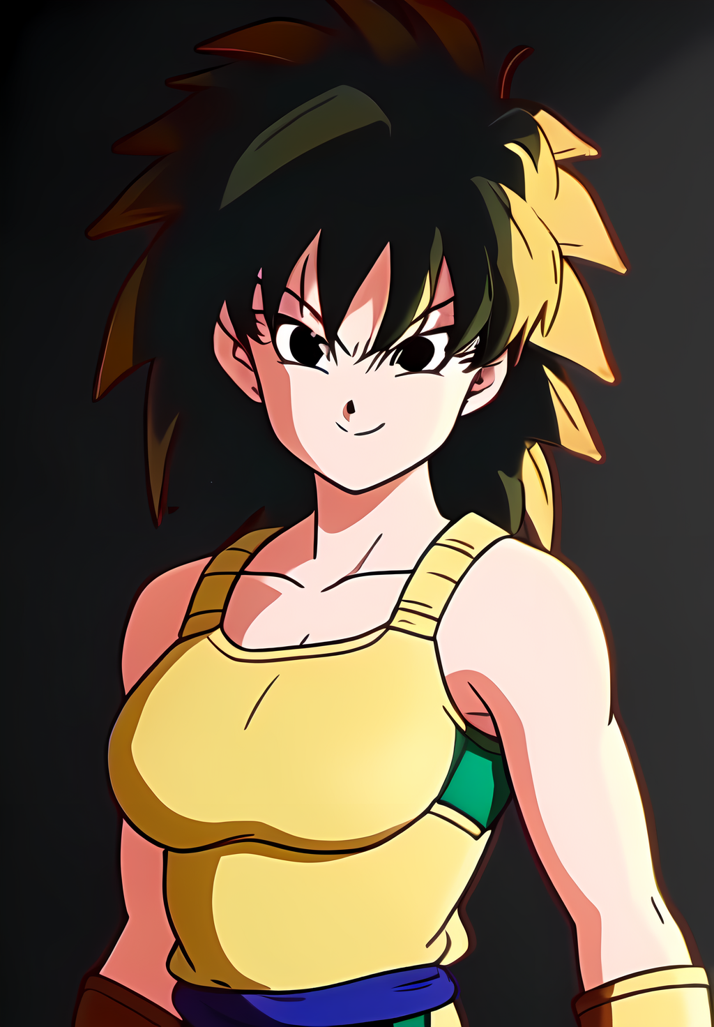 (Photo:1.3), highdetail, <lora:Gine:0.8>, Gine, 1girl, solo, looking at viewer, smile, simple background, bare shoulders, closed mouth, collarbone, upper body, armor, hand on hip, bare arms, black background, wristband, arm at side, outline, saiyan armor, (acclaimed, alluring, captivating, exciting, gorgeous, striking:1.3), (trending on artstation:1.3)