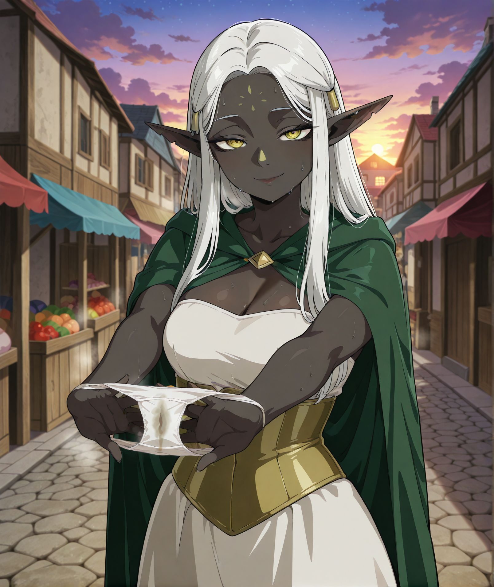 <lora:add-detail-xl:0.5>,,masterpiece, best quality, newest, absurdres, highres, detailed eyes, beautiful, detailed background, perfect eyes, anime coloring, anime screencap,
<lora:Holding_panties:0.5>Holding_pantiesV1,
1girl,underwear,panties,looking at viewer,  steaming body, 
stained panties,(stretching panties with both hands),
seductive smile, solo, 5fingers,sweat, standing, 
, medieval, town, stone road, storefront, vendor stalls, market, sunset, clouds,
<lora:Cithis_Dungeon_Meshi_IL_V2:1>, KJOcithis, white hair, yellow eyes, forehead mark, nose mark, pointy ears, very dark-skinned female, long hair, forehead, notched ear, sidelocks, ringed eyes, black eyeliner, white dress, long white dress, gold corset, green cape, cape strap, sleeveless, strapless,
20YO, milf,adult,
