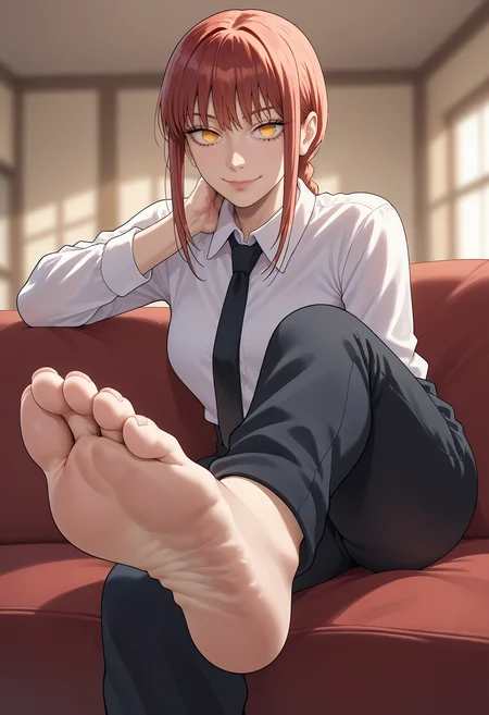 score_9, score_8_up, score_7_up,
BREAK
makima \(chainsaw man\), foot focus, barefoot, toes, toenails, yellow eyes, ringed eyes, light smile, red hair, white collared shirt, black tie, black pants, sitting above, leg raised, on couch, looking at viewer, solo, blurry background <lora:Nine9tiz_Style_v2:0.4>