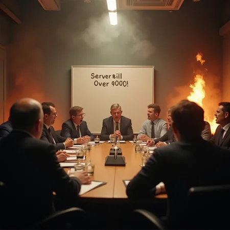 a board room meeting, all board members are screaming in terror, in the background a white board reads "Server Bill : Over 9000!", the board room is on smoke and fire
