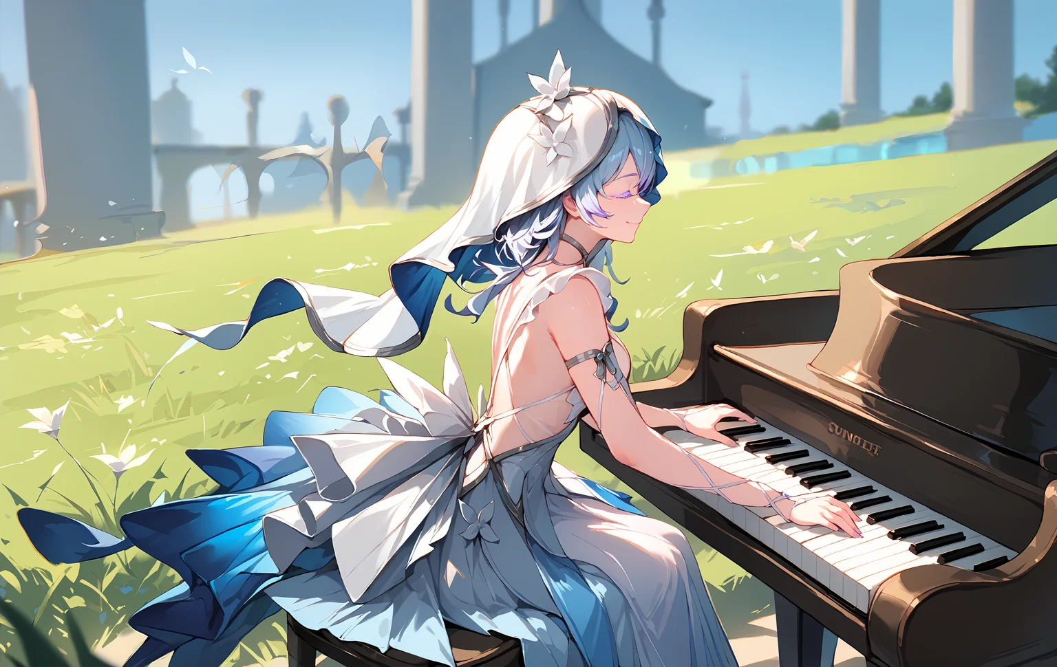 (score_9, score_8_up, score_7_up), 1girl, shorekeeper, colored eyelashes, veil, criss-cross arm straps, heel-less heels, sitting, from side, playing piano, grand piano, closed eyes, closed mouth, smile, depth of field, on lavender grass, <lora:shorekeeper-wwPO-v1cr:0.9>