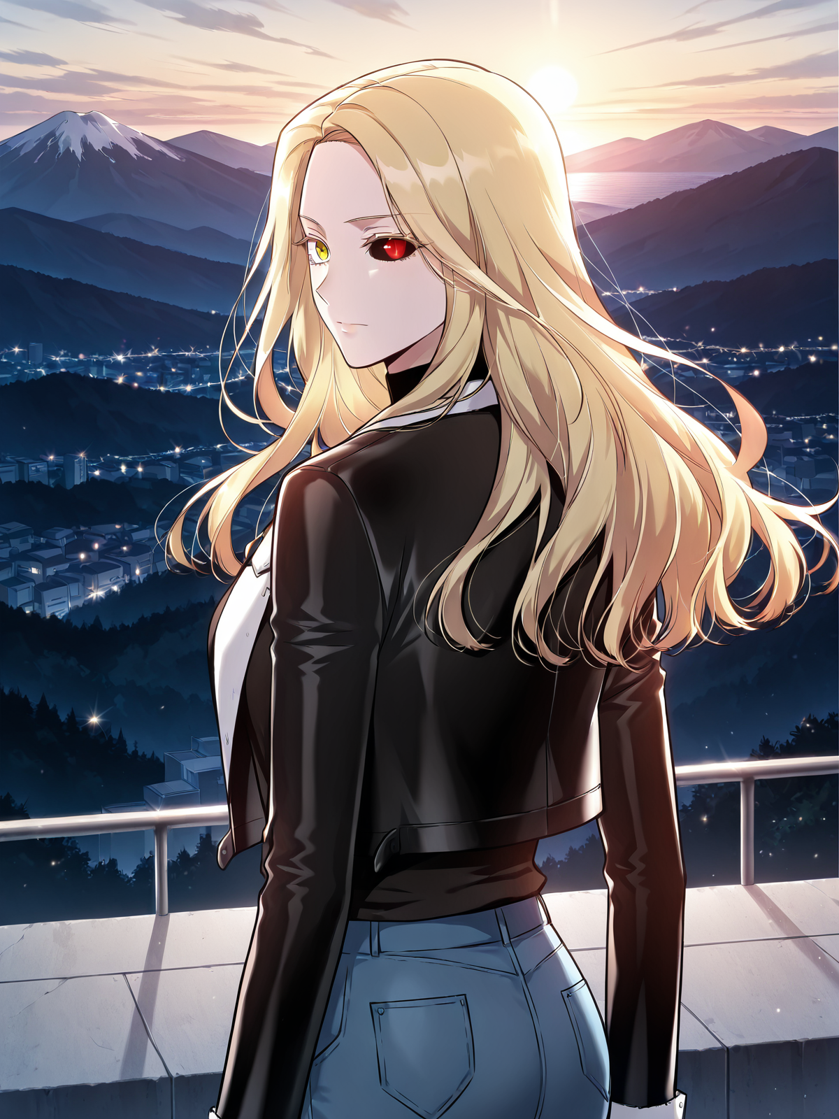 <lora:Omniscient_Readers_Viewpoint__Anna_Croft (1):1>
1girl, solo, long hair, wavy hair, blonde hair, side part, heterochromia, yellow right eye, red left eye, black sclera (left eye),
black turtleneck, black jacket, fitted jacket, long sleeve, modern outfit, blue jeans, belt, sneakers, necklace, pendant,
score_9, score_8_up, score_7_up, source anime, BREAK, cowboy shot, (from side), looking back, looking at viewer, overlooking mountain, high altitude, scenery, exterior, background