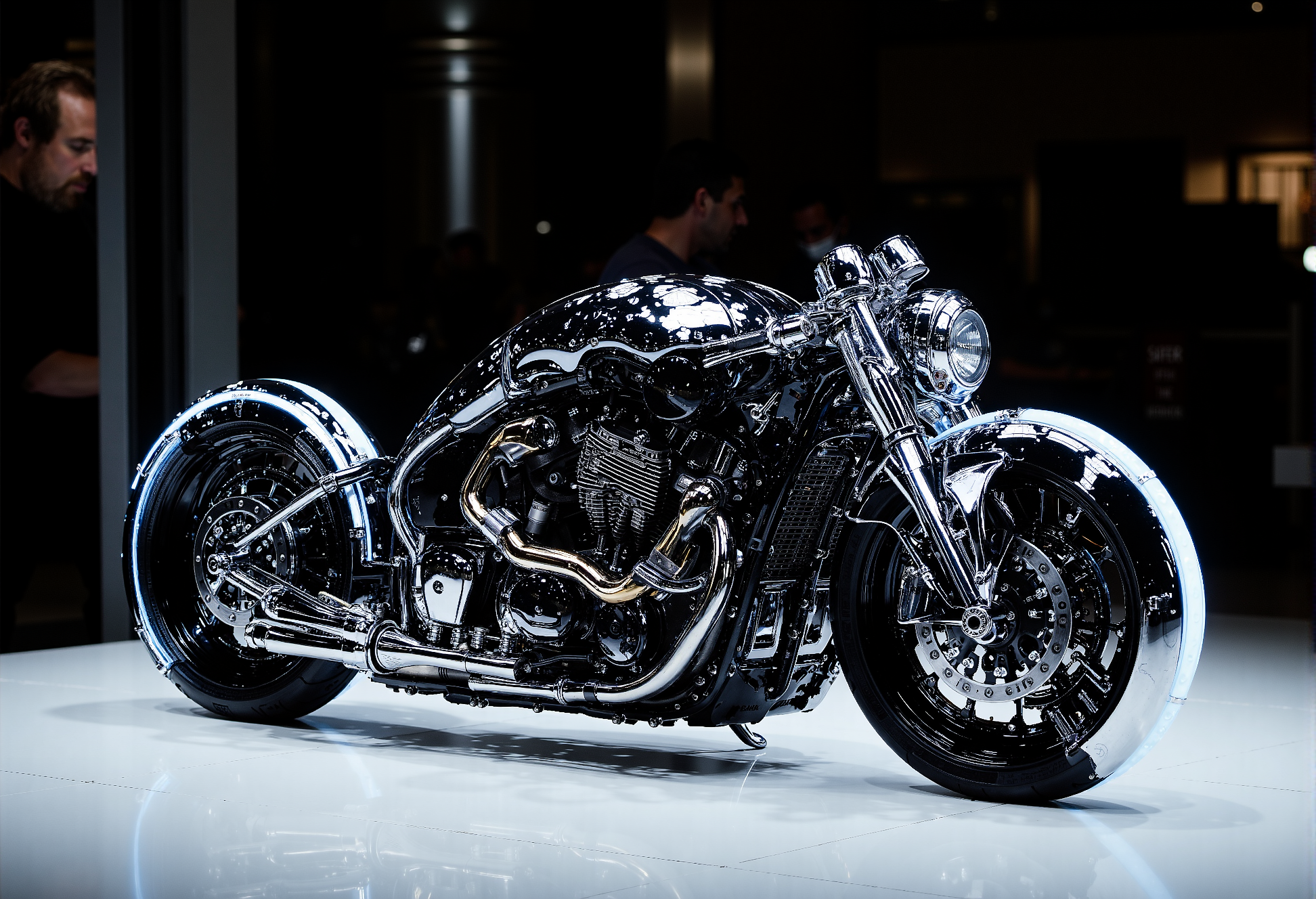 cyberpunk motorcycle, futuristic,, exposed gears and pipes, sleek glowing neon accents, standing in a modern showroom, white tiled reflective floor, , clean minimalist background, dramatic shadows, highly detailed, vibrant, cinematic presentation. <lora:aidmaMJ6.1-FLUX-V0.1.safetensors:1.0>,  <lora:aidmaHyperrealism-FLUX-V0.1.safetensors:0.65>,  <lora:- Flux1 - vanta_black_V1.0.safetensors:0.75>,  <lora:flux.1_lora_flyway_Epic-detail_v2.safetensors:1.0>,