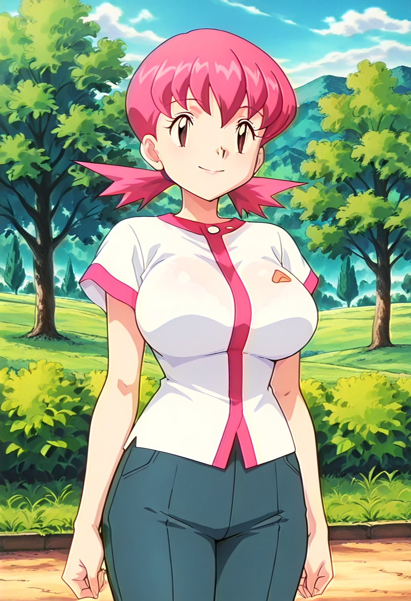 Best quality,masterpiece,soft light,official art,masterpiece,high quality,highres,absurdres,best quality,epic scene,natural textures,easynegative,huge_breasts, mature body, Erotic_style,anime_coloring,
cowboy shot, outdoors, 1girl,solo,smile,
Whitney,pink hair,low twintails,brown eyes,large breasts,shirt,pants,