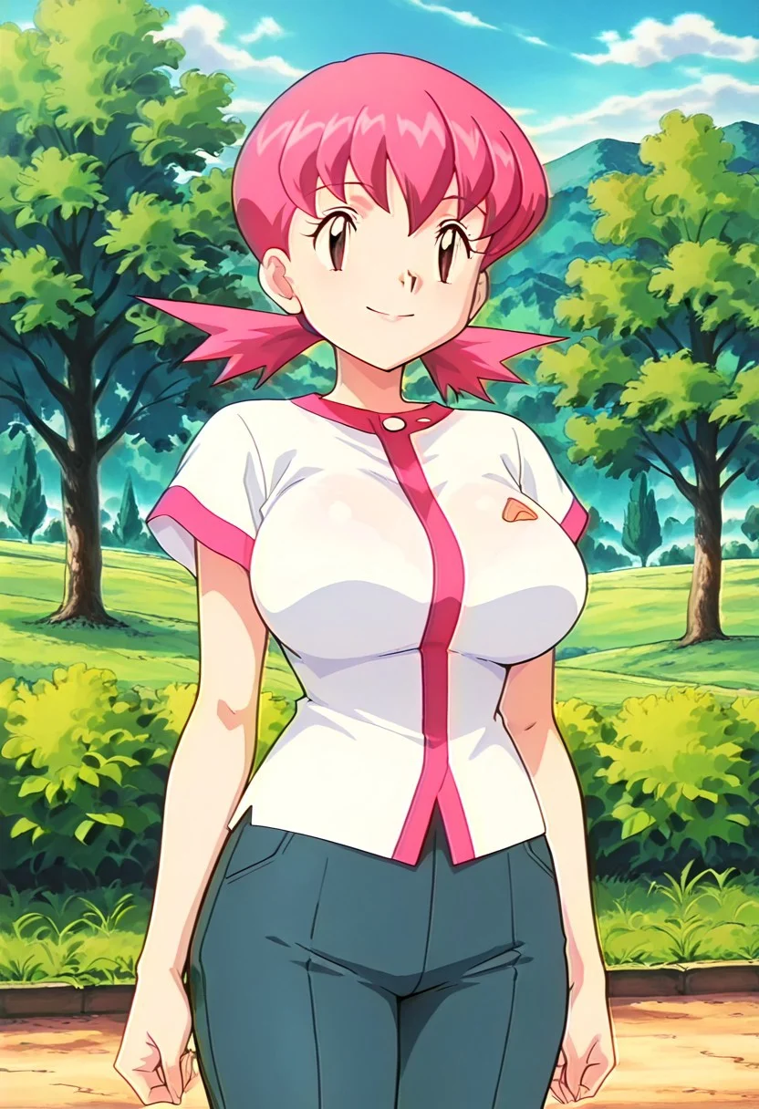 Best quality,masterpiece,soft light,official art,masterpiece,high quality,highres,absurdres,best quality,epic scene,natural textures,easynegative,huge_breasts, mature body, Erotic_style,anime_coloring,
cowboy shot, outdoors, 1girl,solo,smile,
Whitney,pink hair,low twintails,brown eyes,large breasts,shirt,pants,