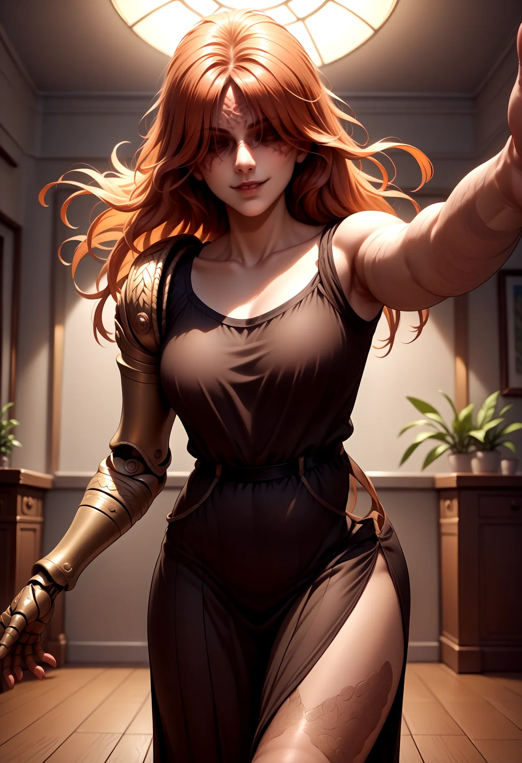 score_9, score_8_up, score_7_up, source_anime, cowboy shot, prothestic leg, single mechanical arm, prosthesis, mechanical legs, MaleniaRot, covered eyes, scar, <lora:Malenia_XLPD:1>, covered face, tight skirt, side slit, indoors, dancing, pov, reaching towards viewer, seductive smile,