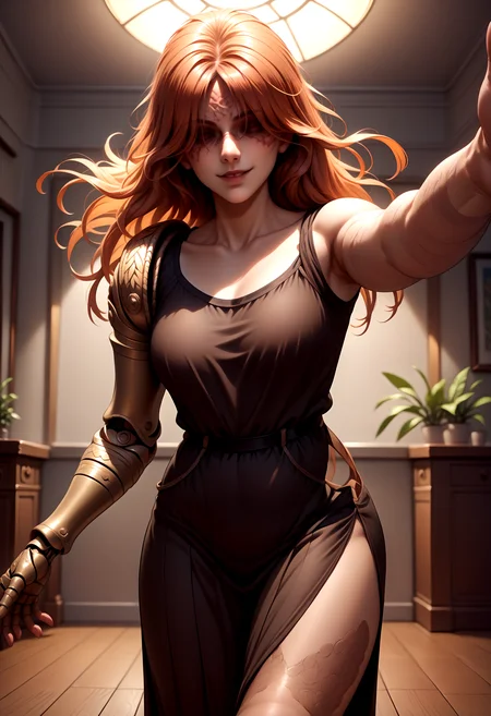 score_9, score_8_up, score_7_up, source_anime, cowboy shot, prothestic leg, single mechanical arm, prosthesis, mechanical legs, MaleniaRot, covered eyes, scar, <lora:Malenia_XLPD:1>, covered face, tight skirt, side slit, indoors, dancing, pov, reaching towards viewer, seductive smile,