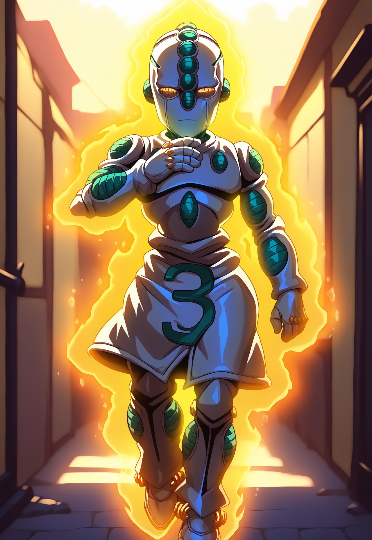 realistic, masterpiece, best quality, newest, absurdres, highres, echoesact3, solo, full body, stand (jojo), 1boy, colored skin, yellow eyes, no pupils, robot, joints, no humans, (noseless:1.4), (aura:1.2), looking at viewer, BREAK, alley, yellow sky