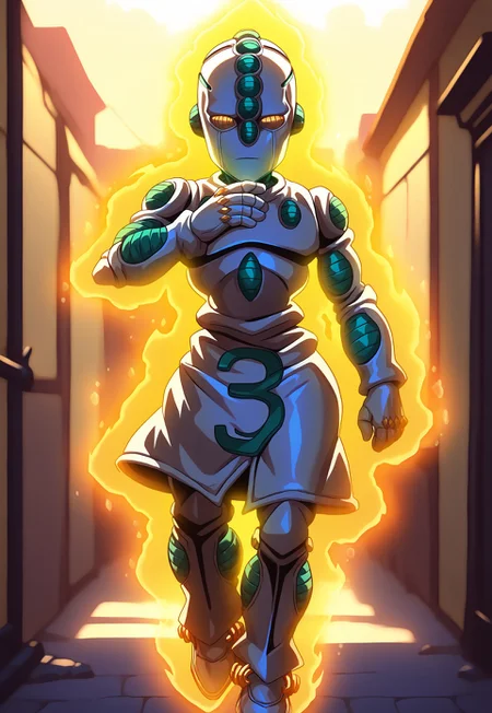 realistic, masterpiece, best quality, newest, absurdres, highres, echoesact3, solo, full body, stand (jojo), 1boy, colored skin, yellow eyes, no pupils, robot, joints, no humans, (noseless:1.4), (aura:1.2), looking at viewer, BREAK, alley, yellow sky