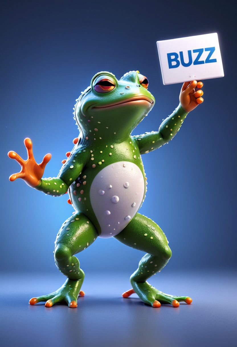 A 3D Pixar movie like Frog. Simple background. Holding sign that says "Need Buzz for Jump." Masterpiece, High quality, Ultra Details, Buzz2