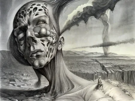 <lora:sur-mono_XL:1>, sur-mono_XL, monochrome, line sketch, surrealistic, in the style of Viktor Capa