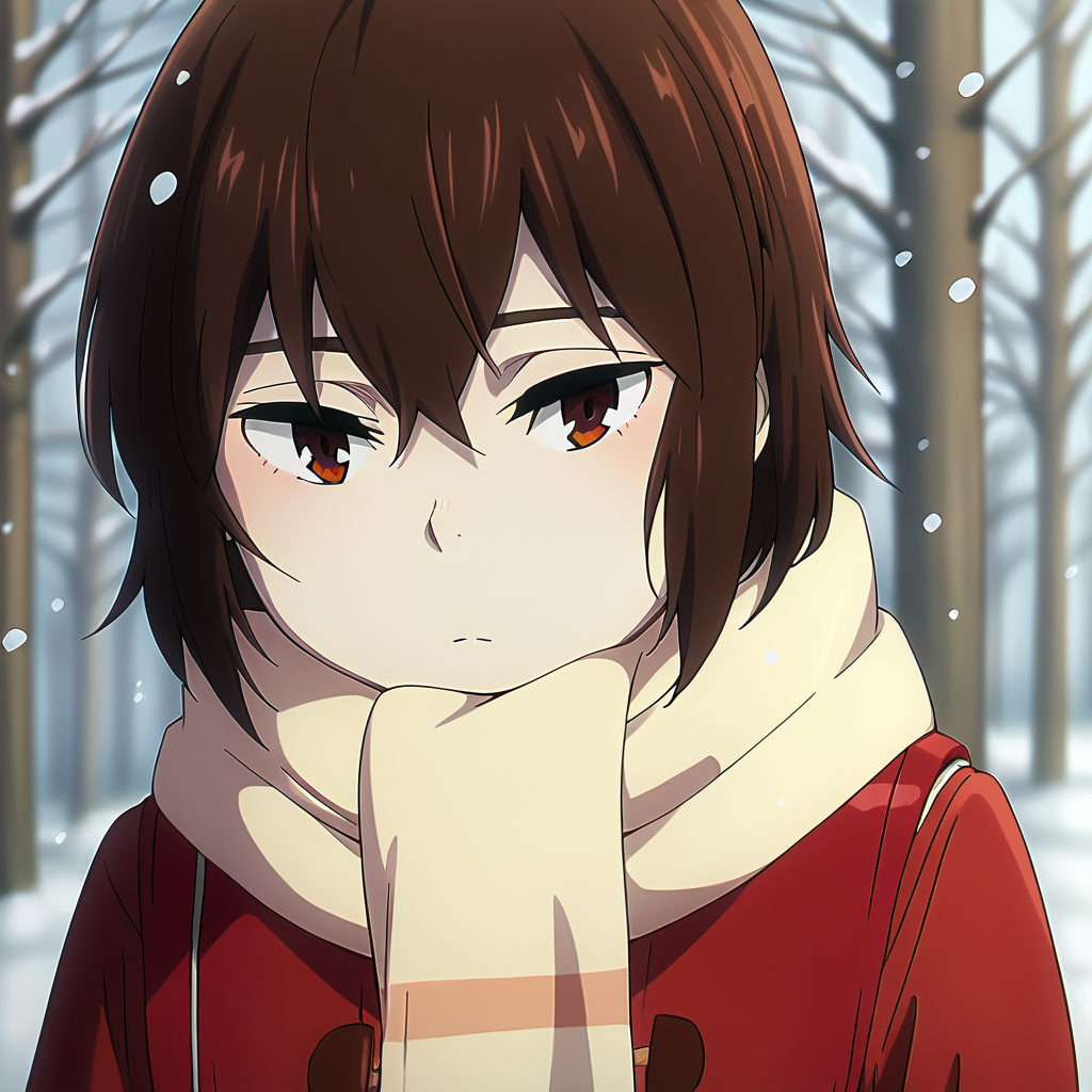sharp focus, pixiv masterpiece, intricate details,  expressionless, source_anime,  score_8_up, score_7_up, score_9, kayo_hinazuki, headshot, close-up, red coat, scarf,  <lora:kayohinazuki_pony_xl_0.2-000013:0.9>, outside, winter, snowing