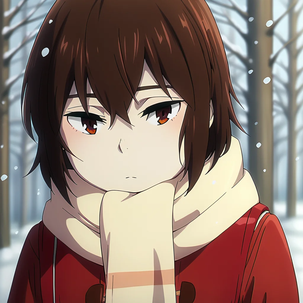 sharp focus, pixiv masterpiece, intricate details,  expressionless, source_anime,  score_8_up, score_7_up, score_9, kayo_hinazuki, headshot, close-up, red coat, scarf,  <lora:kayohinazuki_pony_xl_0.2-000013:0.9>, outside, winter, snowing