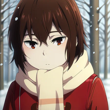 sharp focus, pixiv masterpiece, intricate details, expressionless, source_anime, score_8_up, score_7_up, score_9, kayo_hinazuki, headshot, close-up, red coat, scarf, <lora:kayohinazuki_pony_xl_0.2-000013:0.9>, outside, winter, snowing