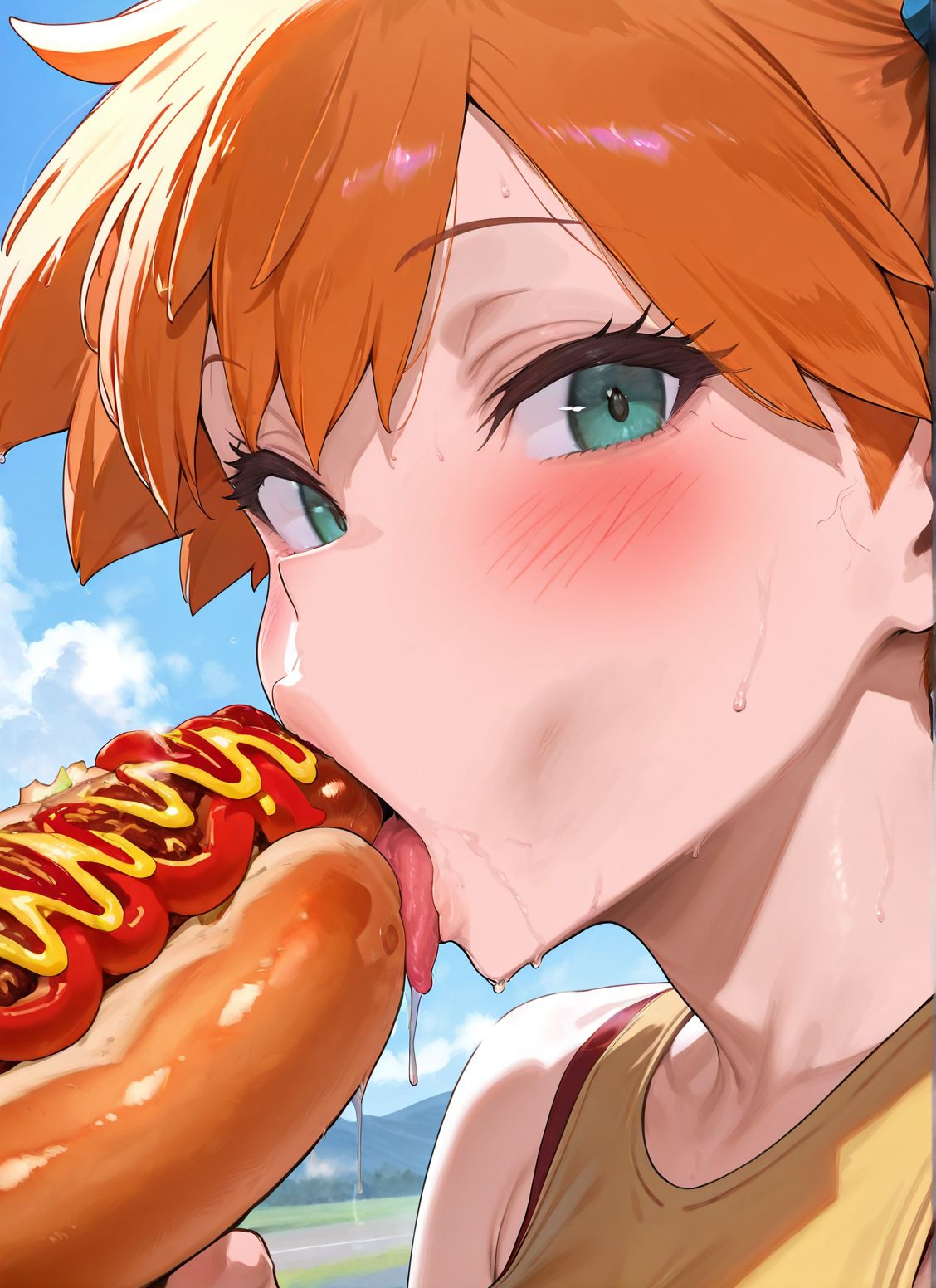 masterpiece,best quality,amazing quality,very aesthetic,absurdres,newest, huge filesize,
<lora:spo_sdxl_10ep_4k-data_lora_webui:0.5>,
<lora:add-detail-xl:1>
<lora:Eating_a_hotdog:1>
Eating a hotdog,
licking hotdog,
from side
1girl,food,solo,
hot dog,blush,
sexually suggestive,
sweat,
seductive,
sexy,
food play,
(misty (pokemon), side ponytail, green eyes, orange hair),