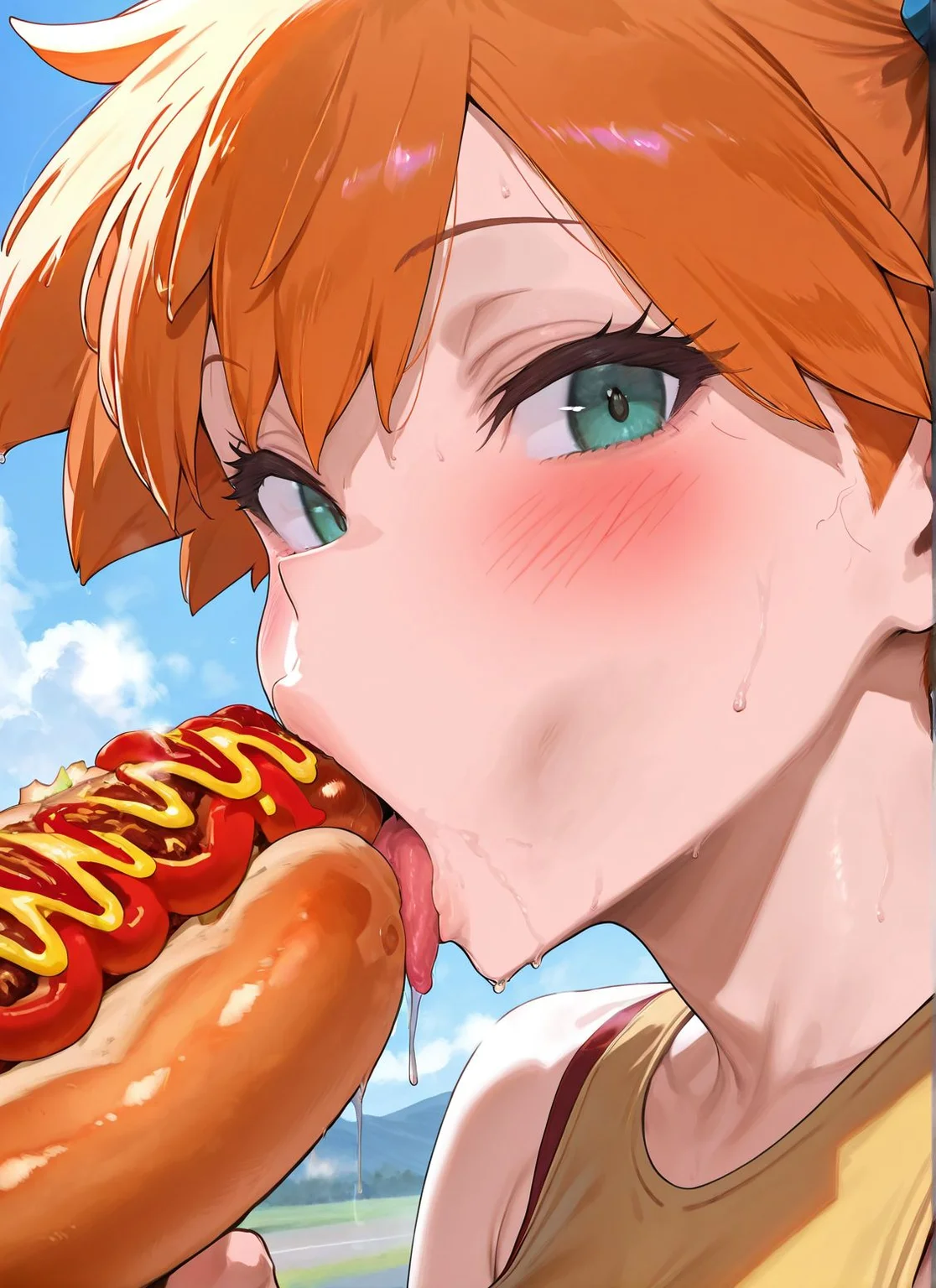 masterpiece,best quality,amazing quality,very aesthetic,absurdres,newest, huge filesize,
<lora:spo_sdxl_10ep_4k-data_lora_webui:0.5>,
<lora:add-detail-xl:1>
<lora:Eating_a_hotdog:1>
Eating a hotdog,
licking hotdog,
from side
1girl,food,solo,
hot dog,blush,
sexually suggestive,
sweat,
seductive,
sexy,
food play,
(misty (pokemon), side ponytail, green eyes, orange hair),