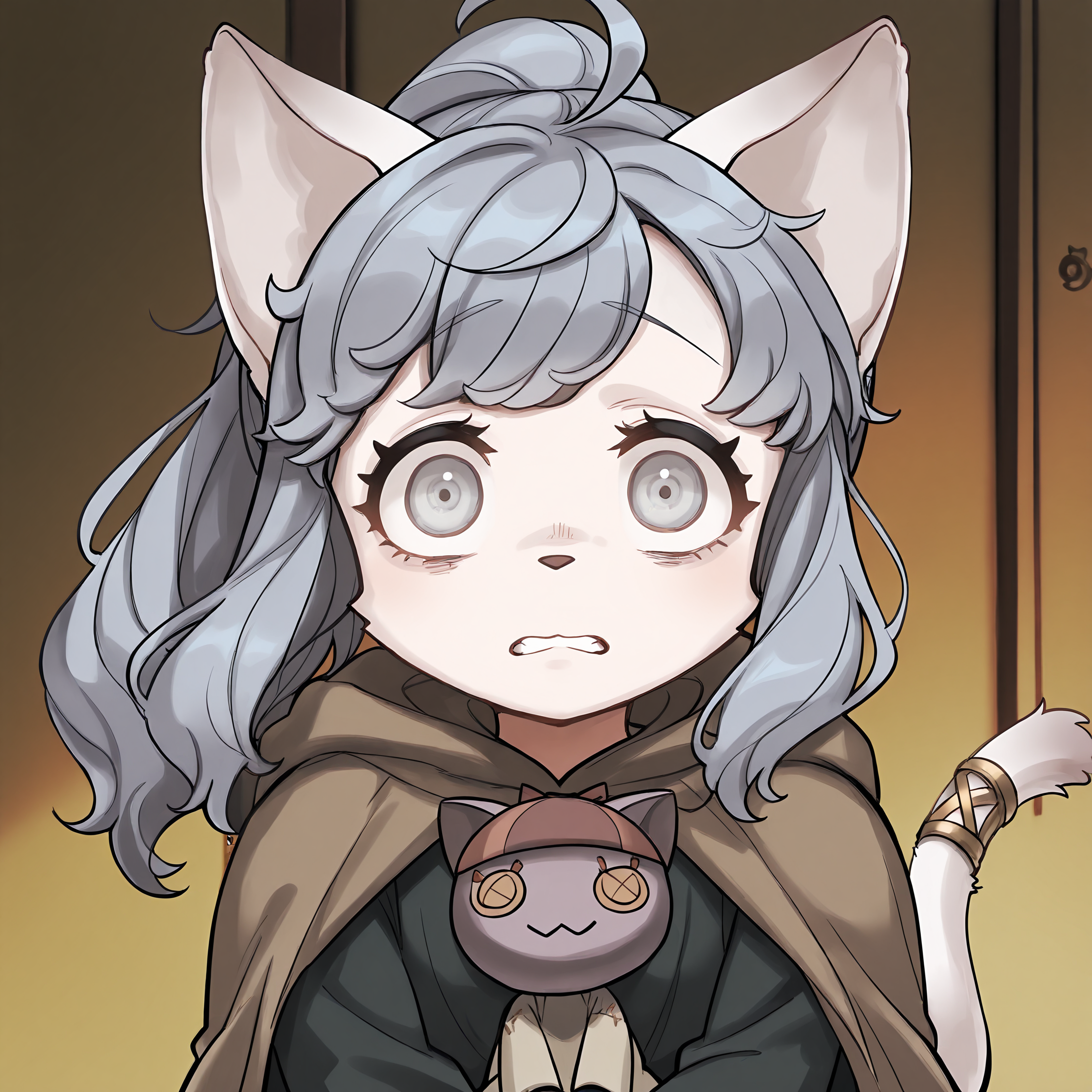 BREAK, <lora:Sheena_Falafel:1>, Sheena Falafel, Fuga: Melodies of Steel, kemono, furry female, young female, 1girl, cat girl, white fur, grey eyes, pastel blue hair, long hair, ahoge, bangs, sidelocks, animal ears, cat ears, animal nose, pink nose, cat tail, tail ornament, braided anklet, Fuga 2 appearance, ponytail
BREAK, Fuga 1 Outfit, black dress, brown cloak,
BREAK, Bleuette, Bleuette doll, character doll, stuffed cat,
BREAK, solo, face focus, close-up, scared, wide eyes, looking at viewer