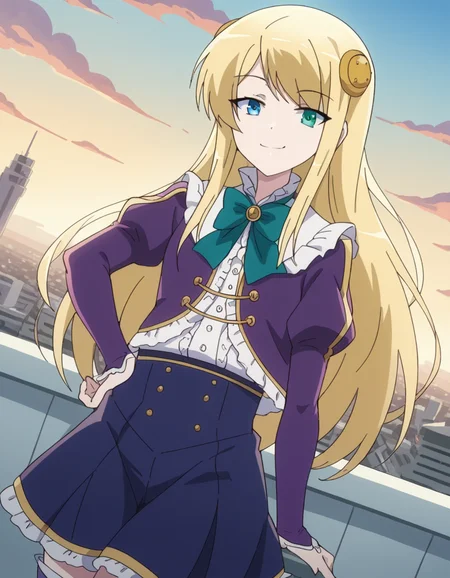 score_9, score_8_up, score_7_up, source_anime, <lora:yumina-belfast-urnea-s2-ponyxl-lora-nochekaiser:1>, yumina belfast urnea, long hair, blue eyes, blonde hair, hair ornament, green eyes,, skirt, thighhighs, purple sleeves, frills, white skirt, skirt, blue skirt, frilled skirt, bowtie, green bowtie, frilled center, rooftop, sunset, cityscape, quiet moment, wind blowing, contemplative, smile, smug, hand on hips,, looking at viewer, solo,, dutch angle, cowboy shot