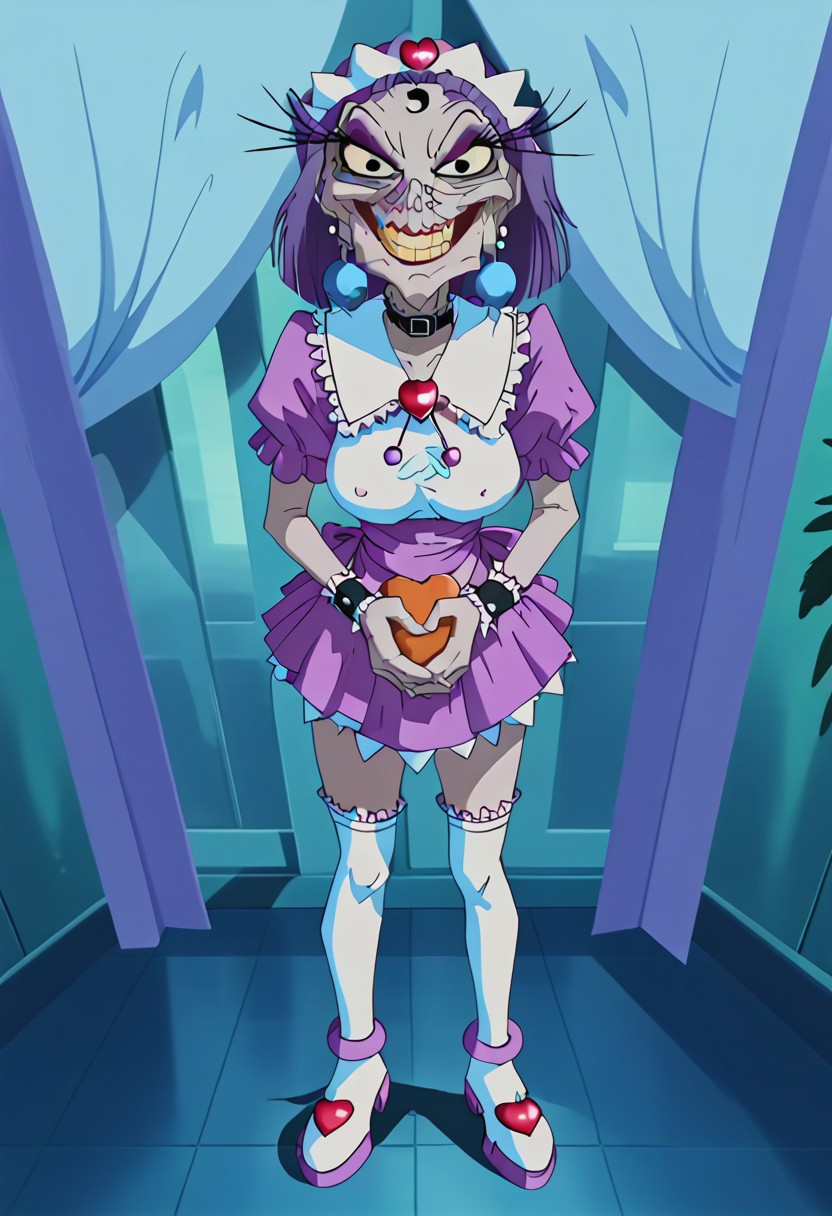 masterpiece, best quality, amazing quality, very aesthetic, high resolution, ultra-detailed, absurdres, newest, 1girl, solo, mature female, yzma, purple skin, old woman, gilf, earrings, FamiresWaitressOutfit, waitress, maid headdress, black belt collar with white frills, frilled sailor collar with hearth brooch, pom pom (clothes), frilled puffy short sleeves, pleated miniskirt with white frills, white frilled waist apron, frilled white thighhighs, white with color accents ankle boots with pink hear, frilled cuffs,