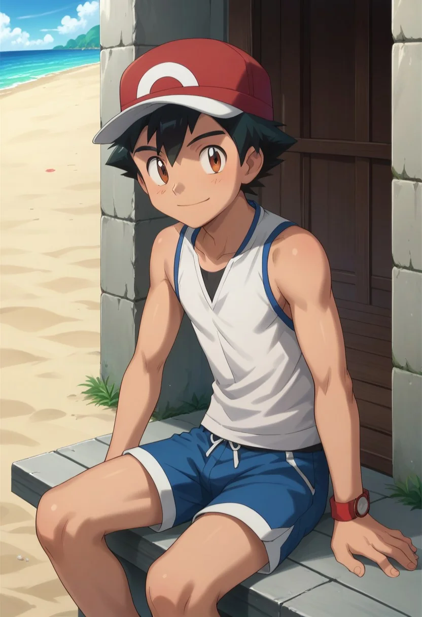 score_9, score_8_up, score_7_up, source_anime, highly detailed, 1boy, solo, male_focus, slender, skinny, cute,
1boy, male focus, hat, brown eyes, smile, outdoors, black hair, day, closed mouth, sleeveless, shirt, short pants, bare foot,
simple background, sitting,