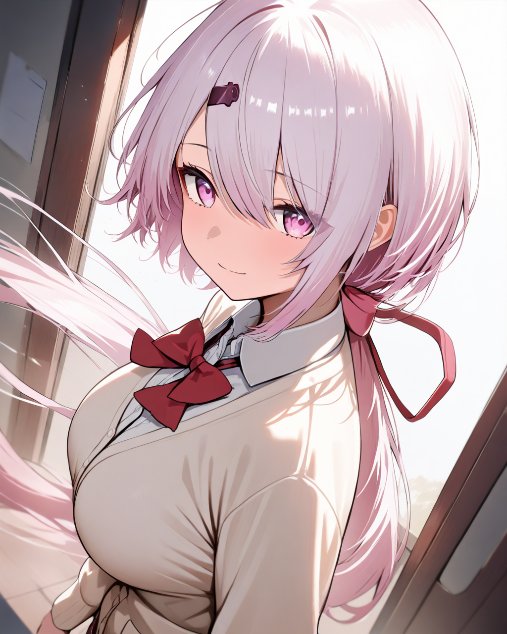 1girl,
ShiinaYuikaNijisanji,
solo, upper body, dutch angle, from above,
low ponytail, beautiful eyes, looking at viewer,
light smile,
walking,
cardigan, red bow, long sleeves, collared shirt,
large breasts,
wind, school,
depth of field,
<lora:kp_ShiinaYuikaNijisanji1stCostumeAnimagineXL_v1_1:1.0>,
masterpiece, high score, great score, absurdres