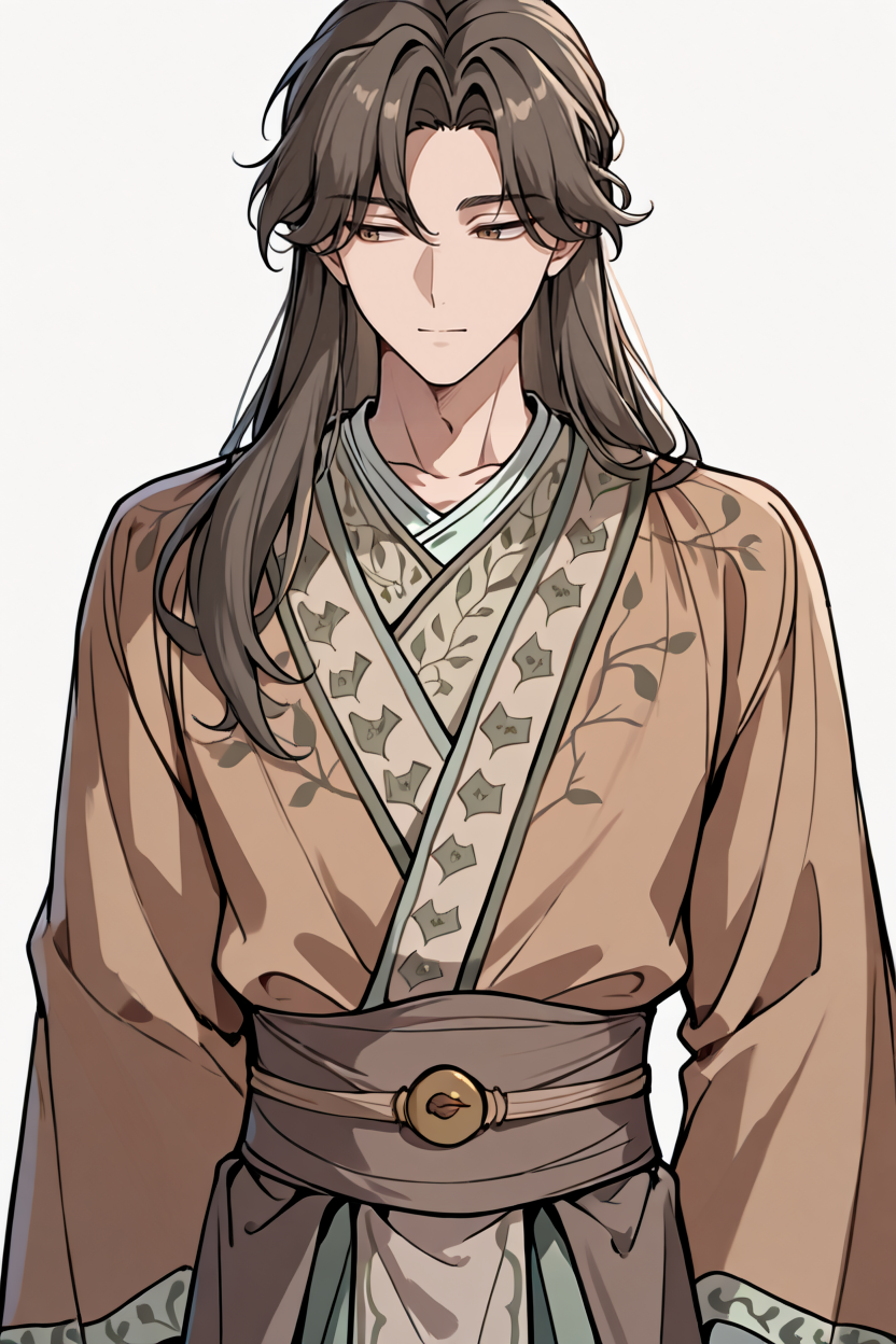 masterpiece, best quality,  (1boy:1.2), solo, bishounen
 <lora:KitsuneHanfuIllustriousV1:1> kitsunehanfu, brown hanfu,