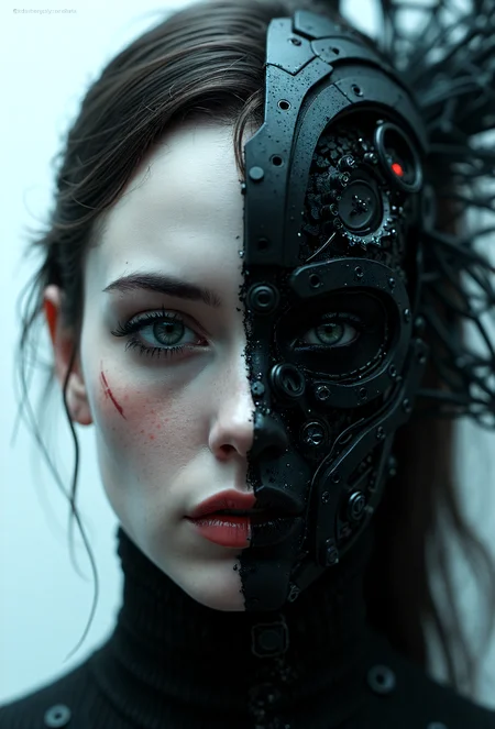 imaginative dark gothic fantasy concept art,bleak,vibrant immersive woman's face split in half,left side is pale skin brightly lit,right side is dark cybernetic cyborg,approaching perfection,dynamic,highly detailed,smooth,sharp focus,art by Carne Griffiths and Wadim Kashin,trending on artstation,sharp focus,intricate details,highly detailed,by greg rutkowski,mysterious,epic,cinematic,create a photo realistic image that the viewer has never envisioned before,the image should demonstrate extreme creativity,imaginative,bold,inspiring,original in subject,original in style,amazing composition,intricately detailed,absurdly complex, . embedding:EZRealPONYXL,