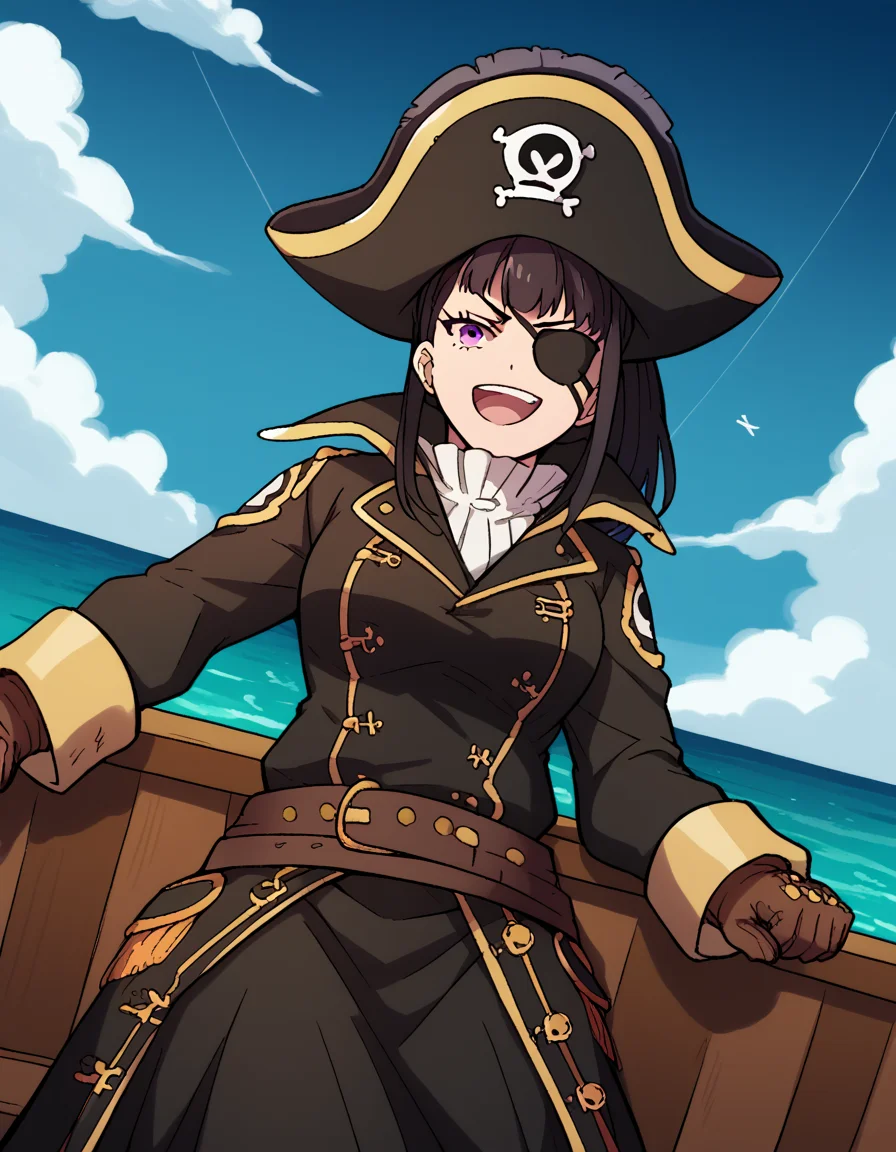 score_9, score_8_up, score_7_up, source_anime, <lora:maki-oze-s1s2-ponyxl-lora-nochekaiser:1>, maki oze, long hair, bangs, black hair, purple eyes, ponytail, medium breasts,, <lora:pirate-costume-ponyxl-lora-nochekaiser:1>, pirate costume, pirate hat, skirt, gloves, jacket, shirt, eyepatch,, blue sky, sea, ocean, pirate ship, treasure, gold, smug, open mouth, from below, sitting,, , dutch angle, cowboy shot