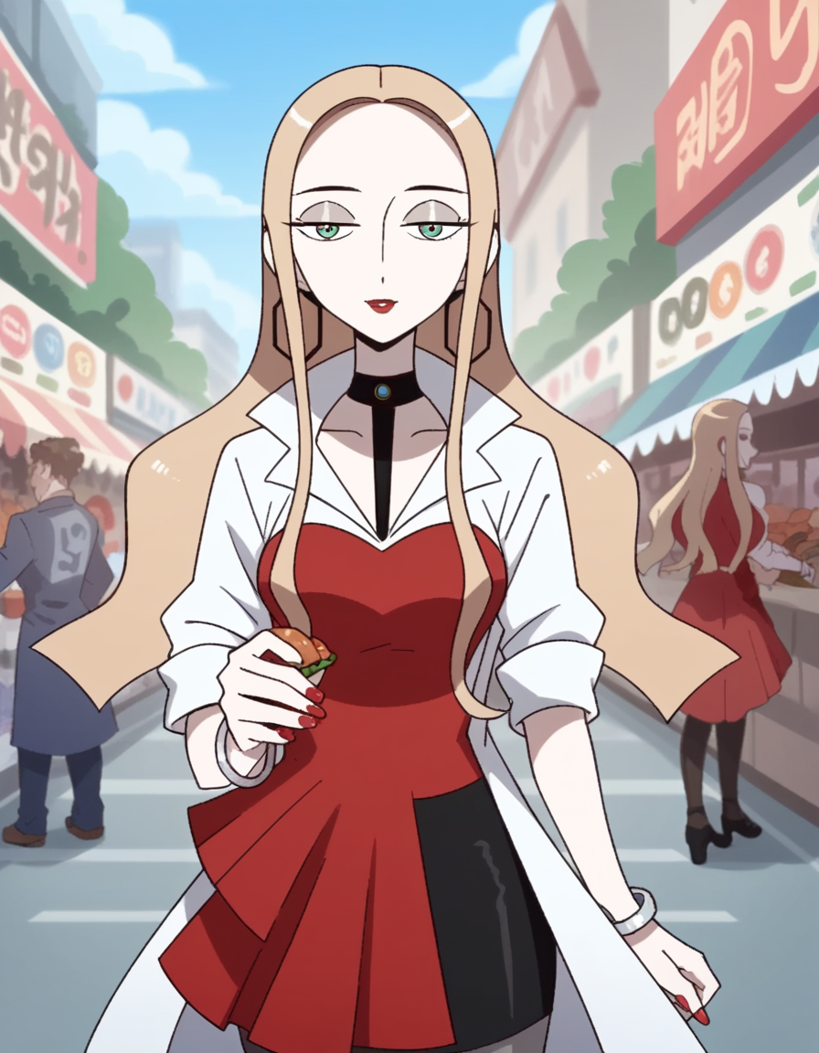 score_9, score_8_up, score_7_up, source_anime, <lora:pokemon-oleana-twilight-wings-ponyxl-lora-nochekaiser:1>, oleana, long hair, blonde hair, green eyes, makeup, half-closed eyes, red lips, forehead,, skirt, shirt, jewelry, pantyhose, earrings, choker, black skirt, bracelet, coat, black choker, blouse, red shirt, red nails, hoop earrings, white coat, grey pantyhose, street market, vendor, street food, bustling crowd, local flavor, vibrant, smile, looking at viewer, solo,, cowboy shot, dutch angle